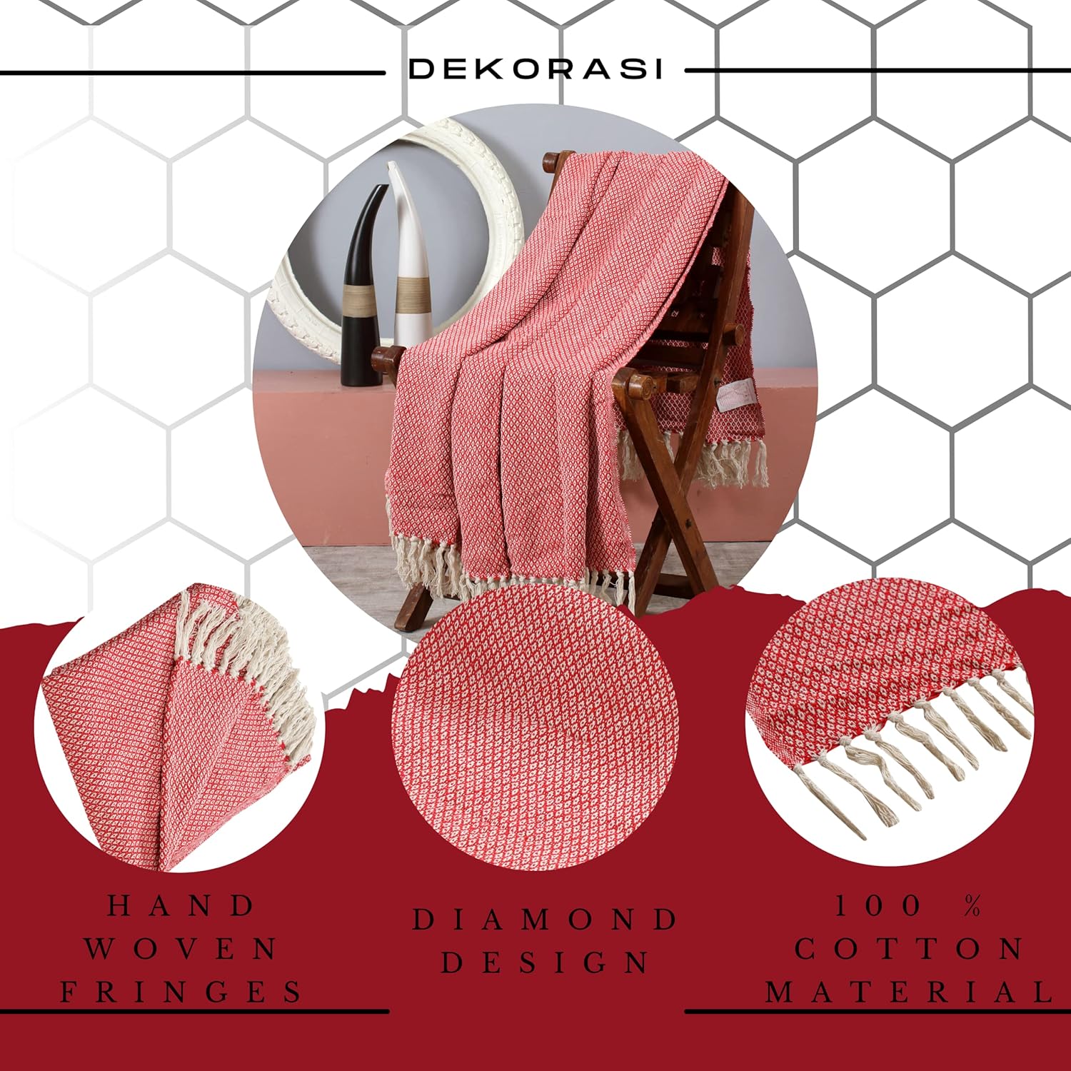 DEKORASI 100% Cotton Diamond Pattern Eco-Friendly Organic Throw Blanket for Couch with Fringes – Red & White  Cozy Lightweight Accent for Couch,