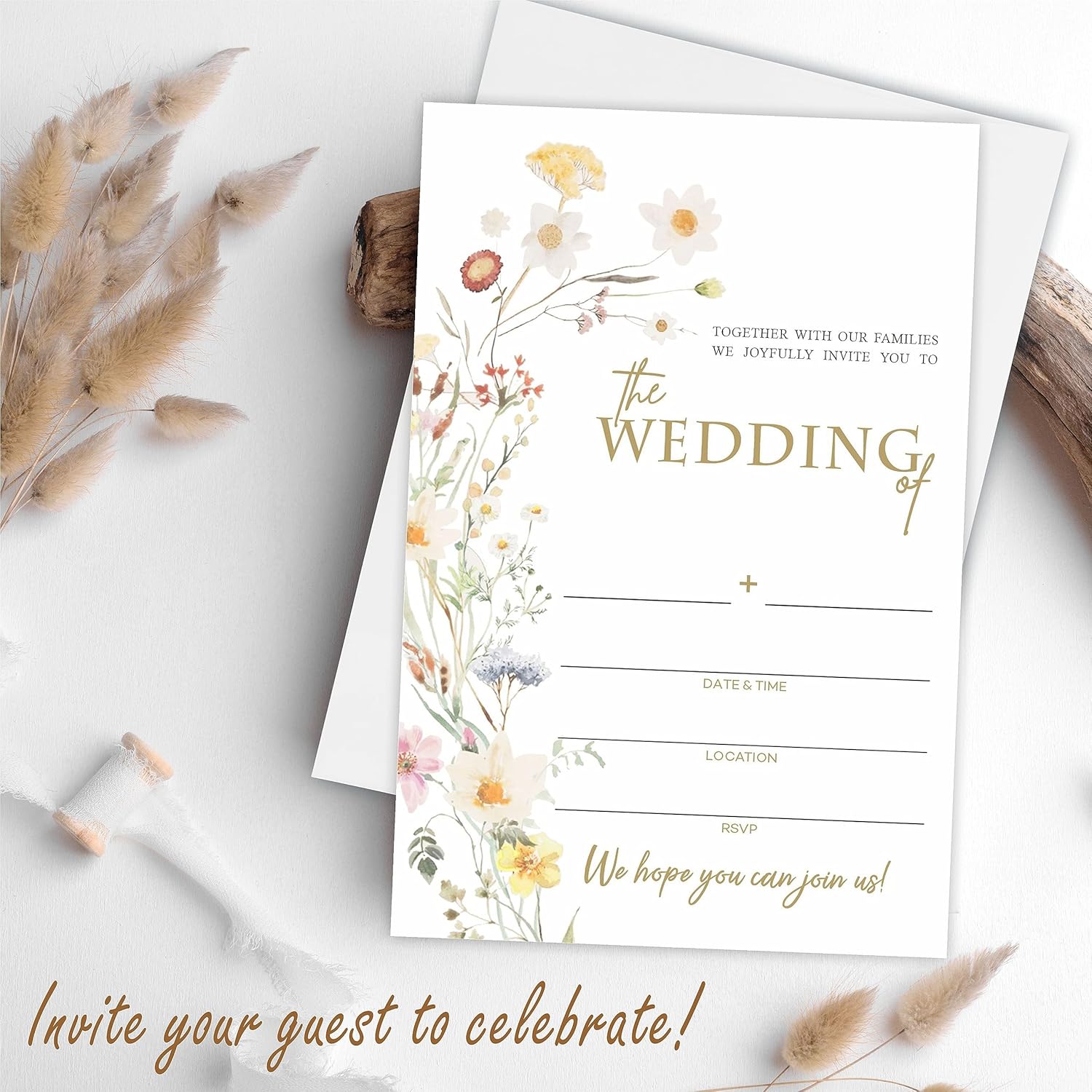 Invitaciones de boda florales, 25 invitaciones de boda de flores silvestres bohemias con sobres, invitaciones de estilo de relleno de doble cara