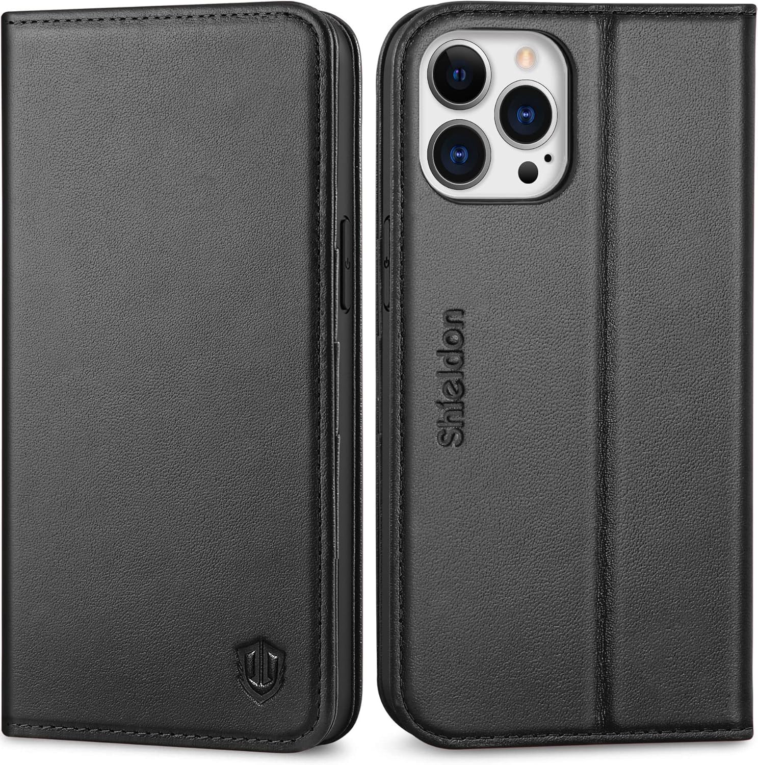 SHIELDON Funda para iPhone 13 Pro Max 5G, de piel auténtica, funda magnética a prueba de golpes, soporte RFID para tarjetas de crédito compatible