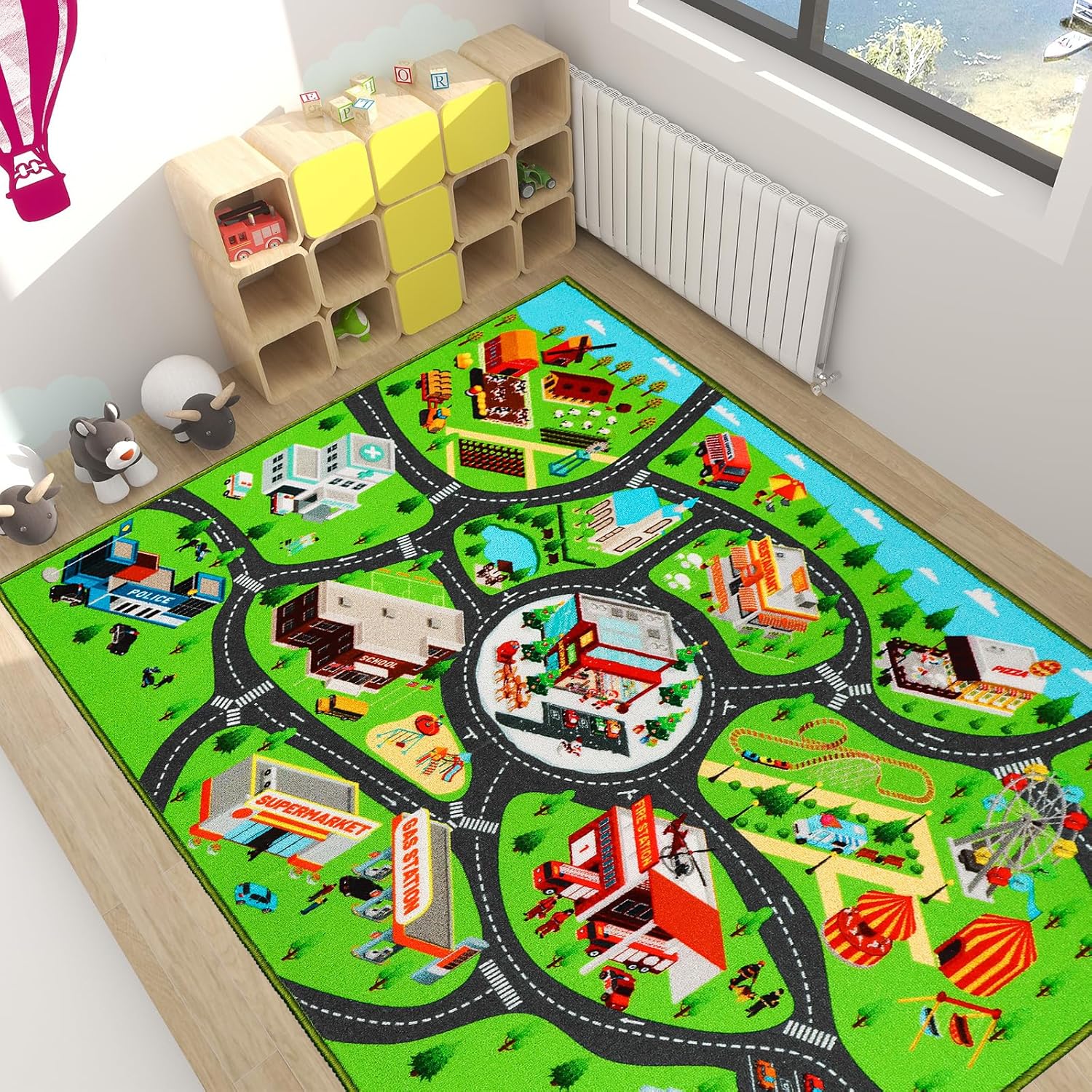Alfombra de juego para niños, alfombra antideslizante para niños, sala de juegos, dormitorio, alfombra de coche para niños para jugar con autos y
