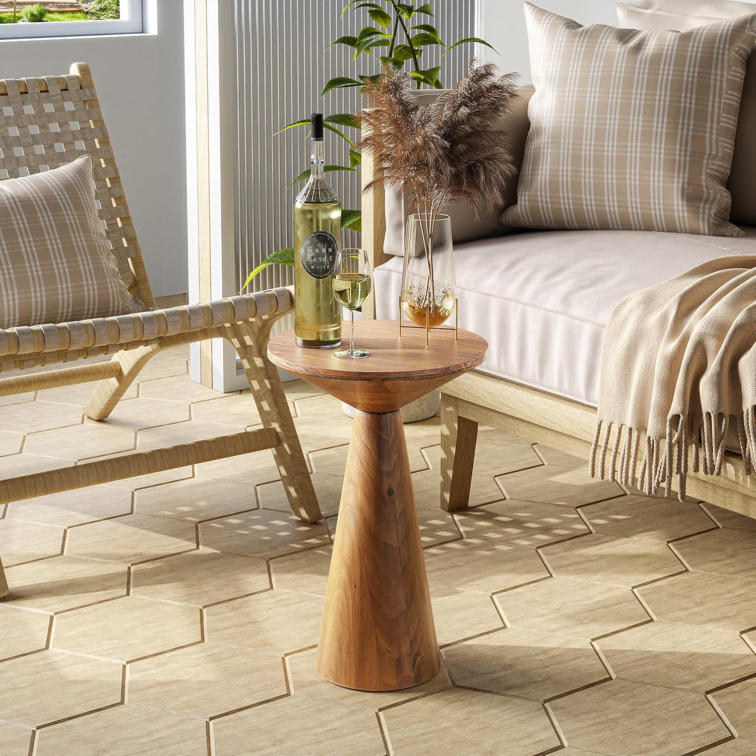 Mesa auxiliar de pedestal pequeña, redonda de granja, mesa de martini, soporte de madera para plantas, mesa rústica para bebidas para espacios