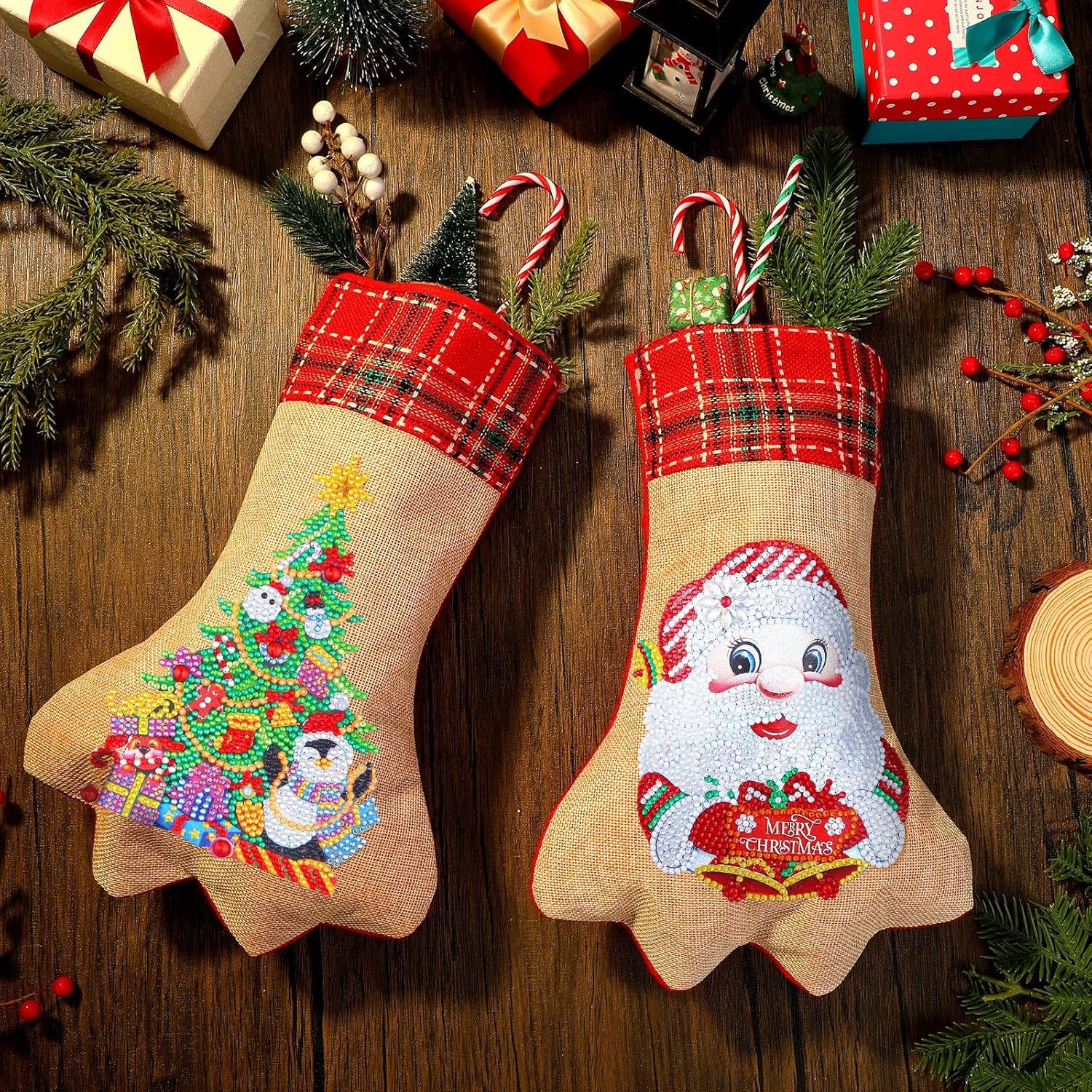 6 juegos de medias de pintura de diamantes 5D de Navidad, calcetín de Navidad, muñeco de nieve, arte de diamantes de Navidad, kits de pintura de