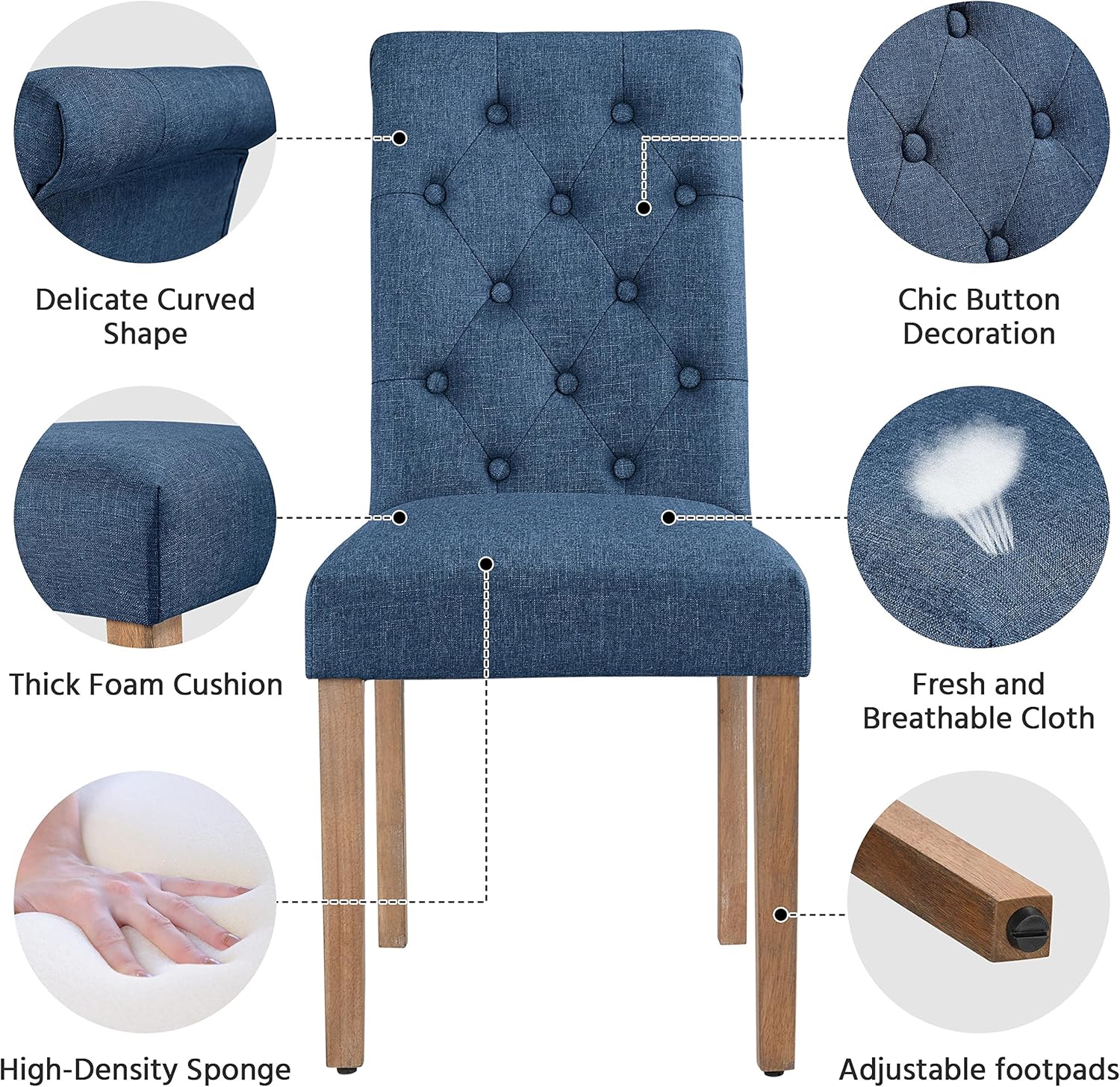 Topeakmart Silla de comedor tapizada de tela clásica, con respaldo alto, sillas de comedor acolchadas con patas de madera para el hogar y los