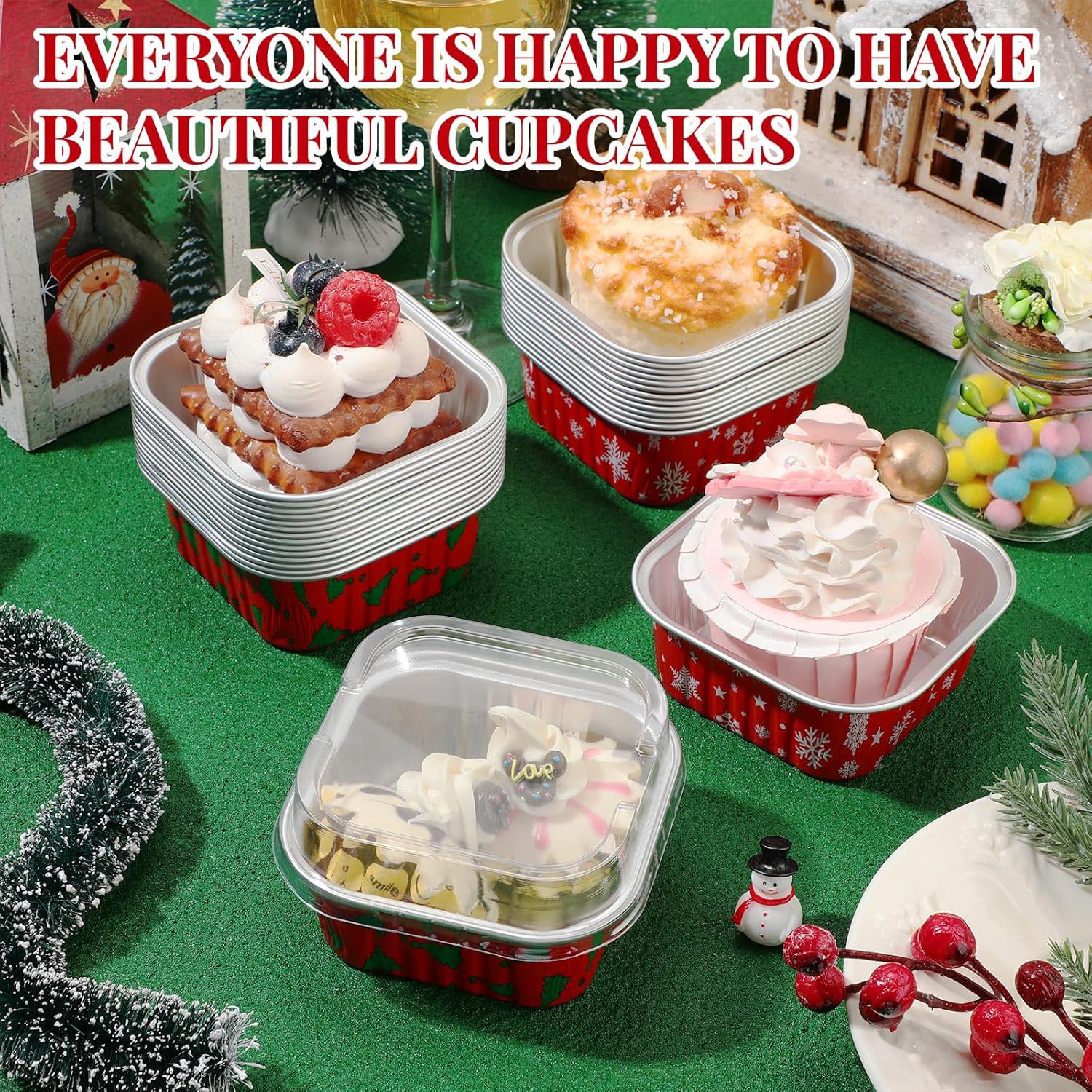 Suttmin 200 tazas de papel de aluminio de Navidad para hornear cupcakes, tazas de postre de 5 onzas con tapas, contenedores cuadrados desechables de