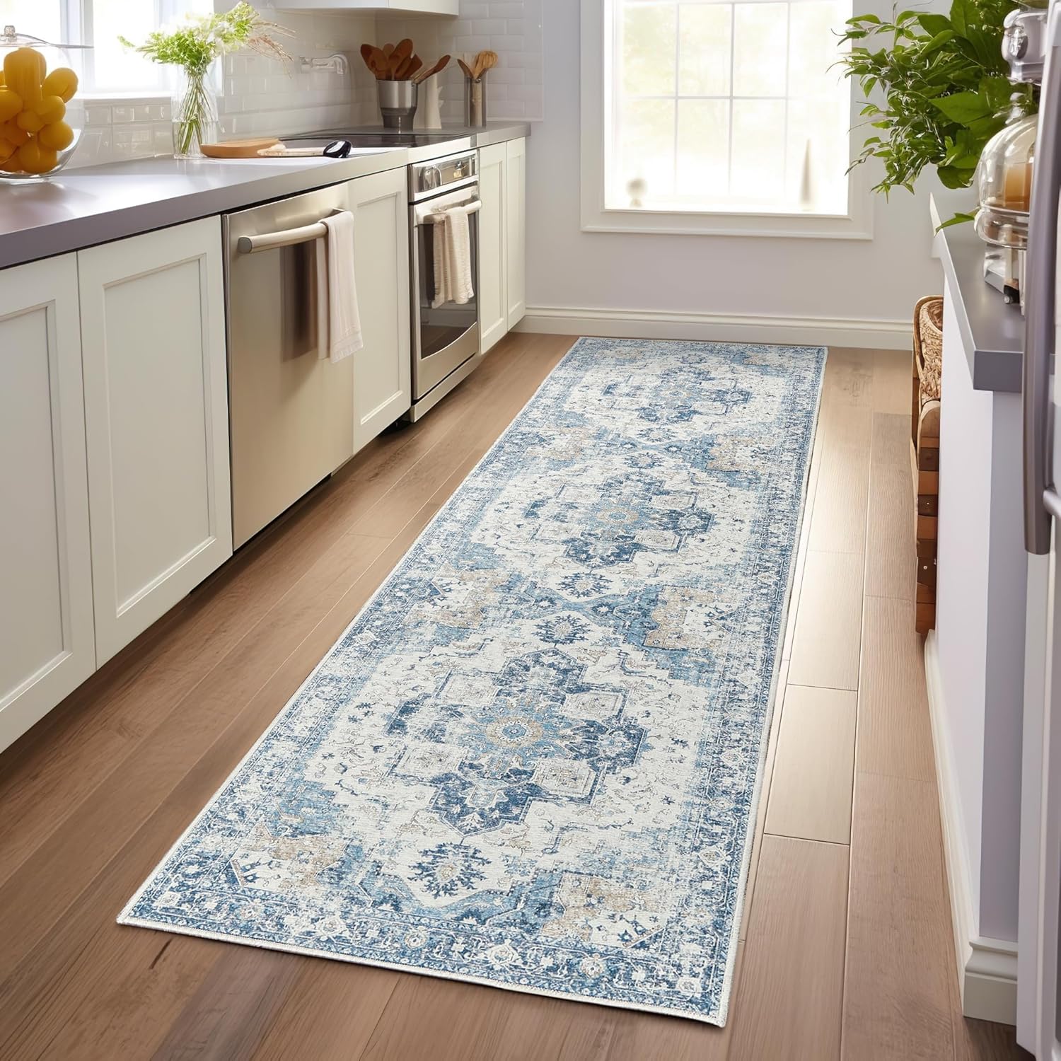 jinchan – Alfombra persa para interiores, con estampado, color azul, envejecida, delgada, de felpilla, ligera, que contrasta con la decoración,