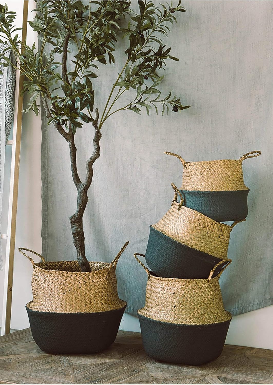 LiloCraft – Cesta para plantas de hierba marina (tamaño 9 x 8 pulgadas, patrón fondo negro) Solución de almacenamiento para decoración del hogar con