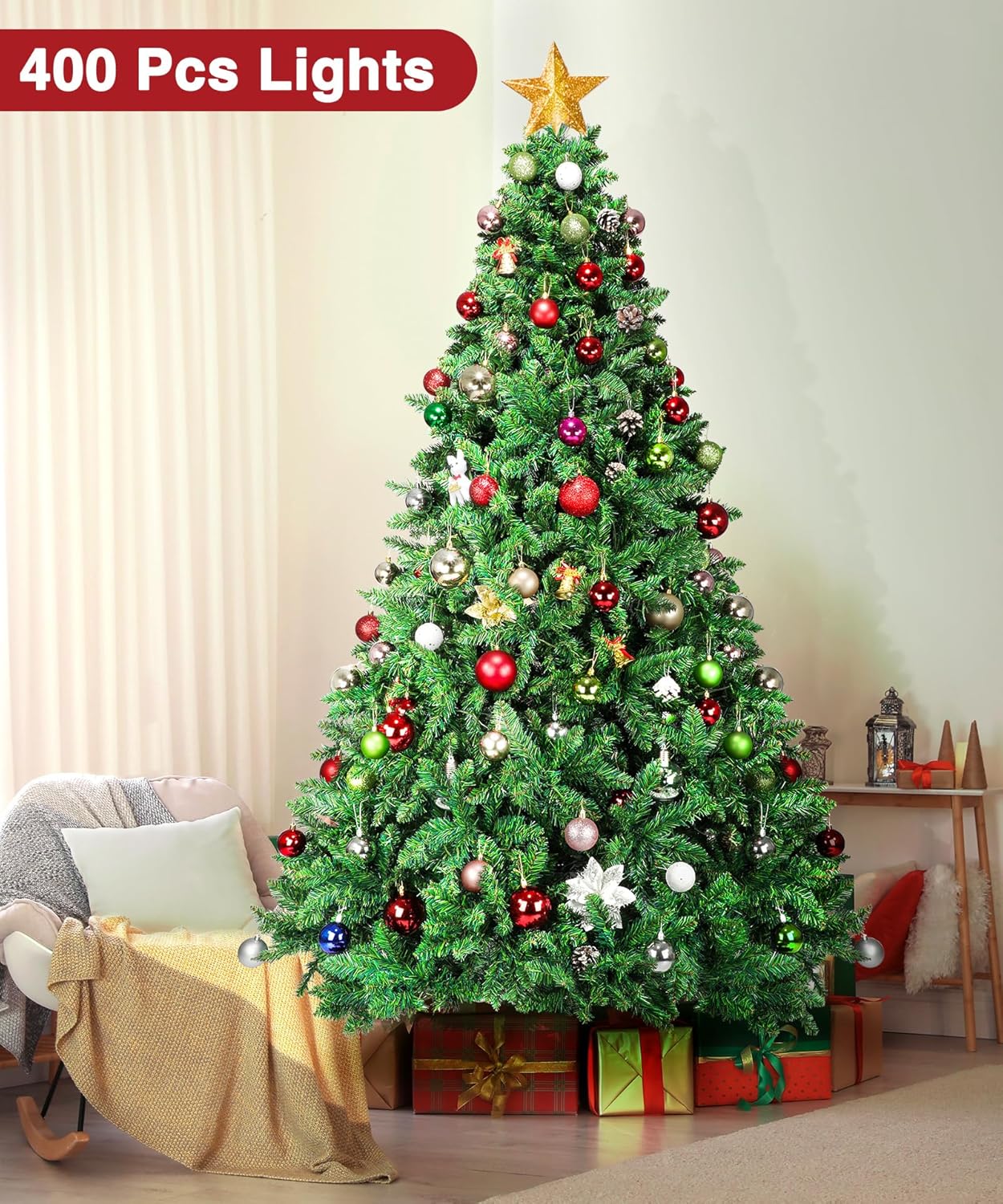 BROVIEW Árbol de Navidad artificial preiluminado de 6.5 pies, pinos de Navidad con bisagras de alta calidad con 400 luces blancas cálidas, 1100