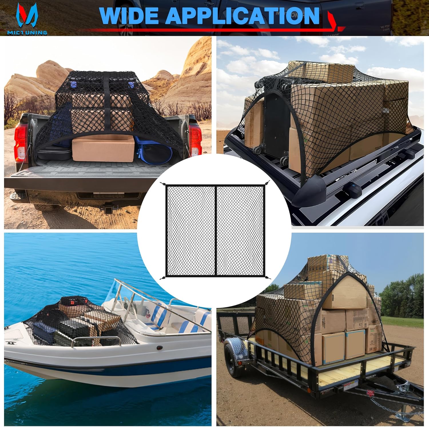 MICTUNING Red de carga para caja de camión, red de carga altamente elástica de 4 x 4 pies, organizador de malla elástica de hasta 7 x 7 pies para