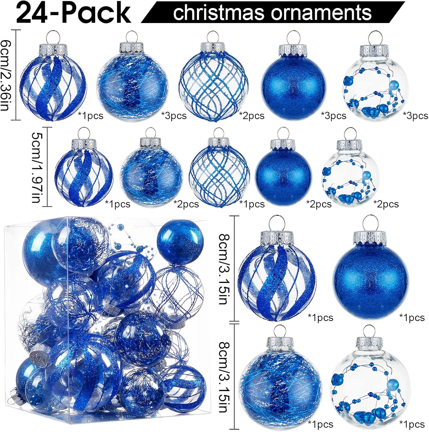 Adornos de bola de Navidad inastillables de 24 quilates, decoraciones rellenas con purpurina para árbol, color azul