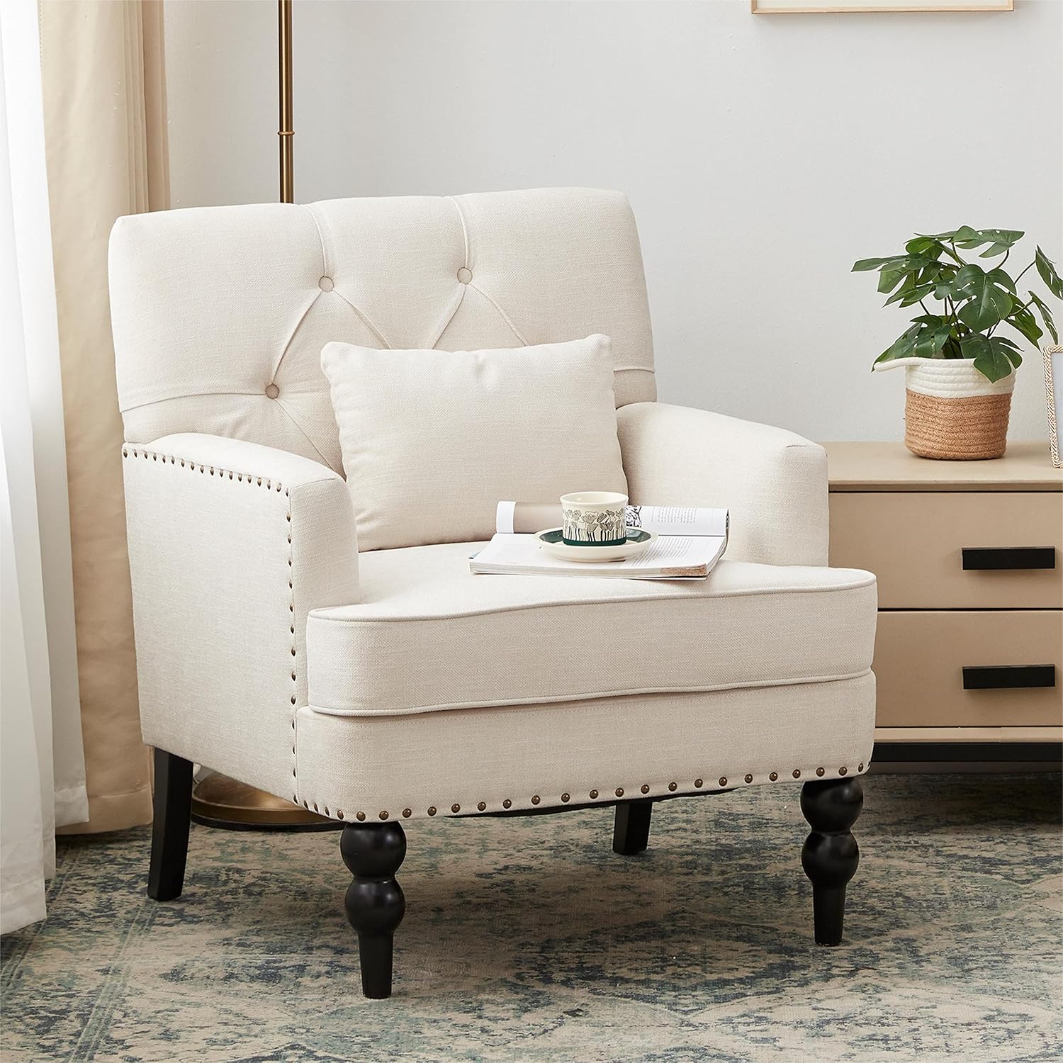 HUIMO Silla de club copetuda, silla decorativa con almohada lumbar, sillón tapizado con botones, sillas de tela de lino para dormitorio, sala de