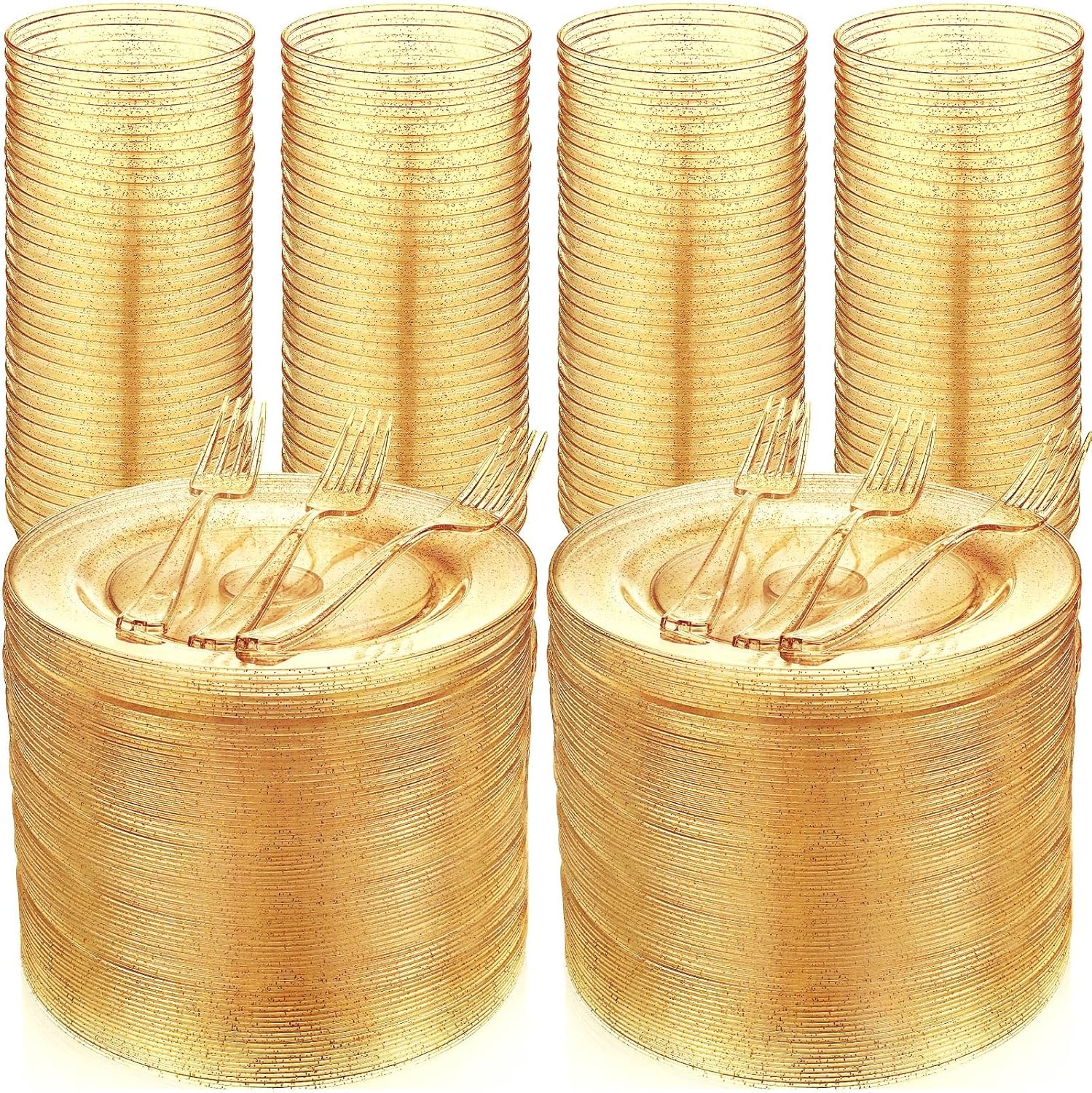 Juego de vajilla de plástico de 450 piezas, 150 platos de plástico con purpurina de 7.5 pulgadas, 150 vasos de plástico desechables, 150 tenedores