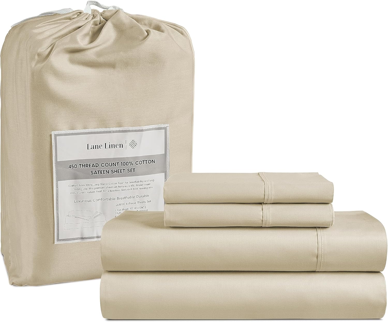 LANE LINEN – Sábanas tamaño matrimonial, 450 hilos, 100% algodón, suaves y transpirables, con bolsillo profundo, sábanas de lujo de calidad