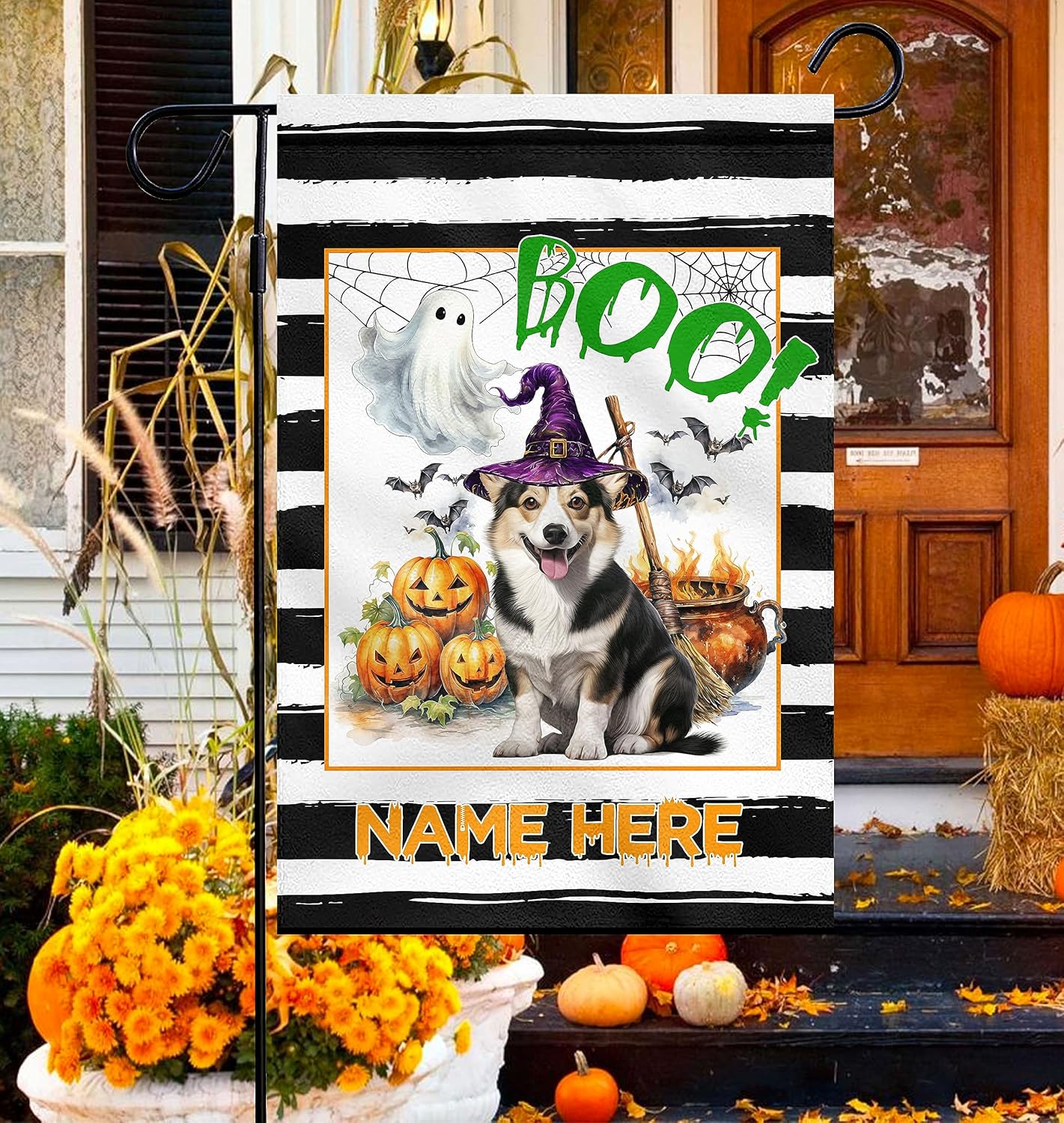 Banderas de jardín de Halloween para exteriores, regalo personalizado de Pembroke Corgi galés, regalo para amantes de los perros, bandera de