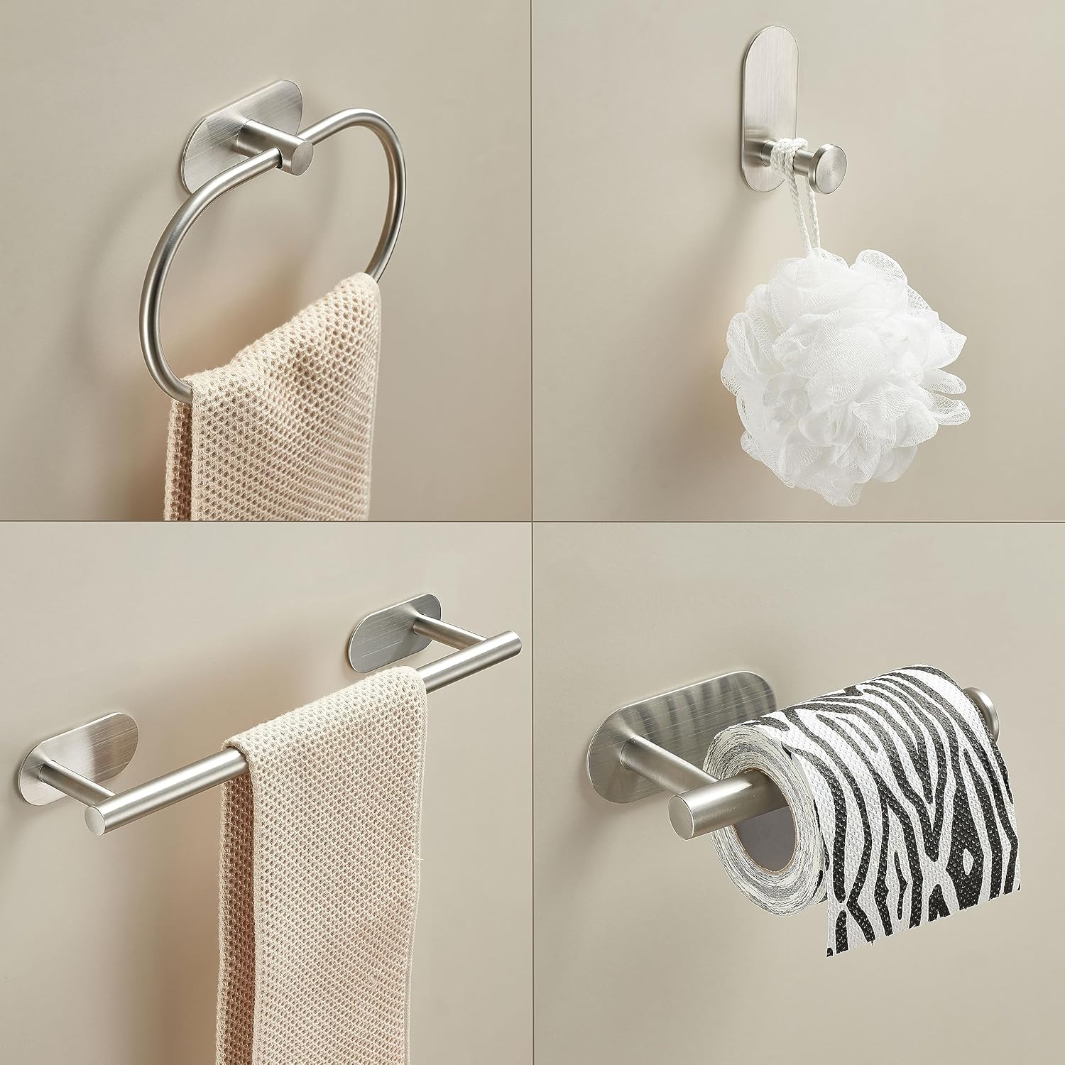 Juego de 4 accesorios de baño, autoadhesivo, acero inoxidable, níquel cepillado de 16 pulgadas, toallero, anillo, soporte para rollo de papel
