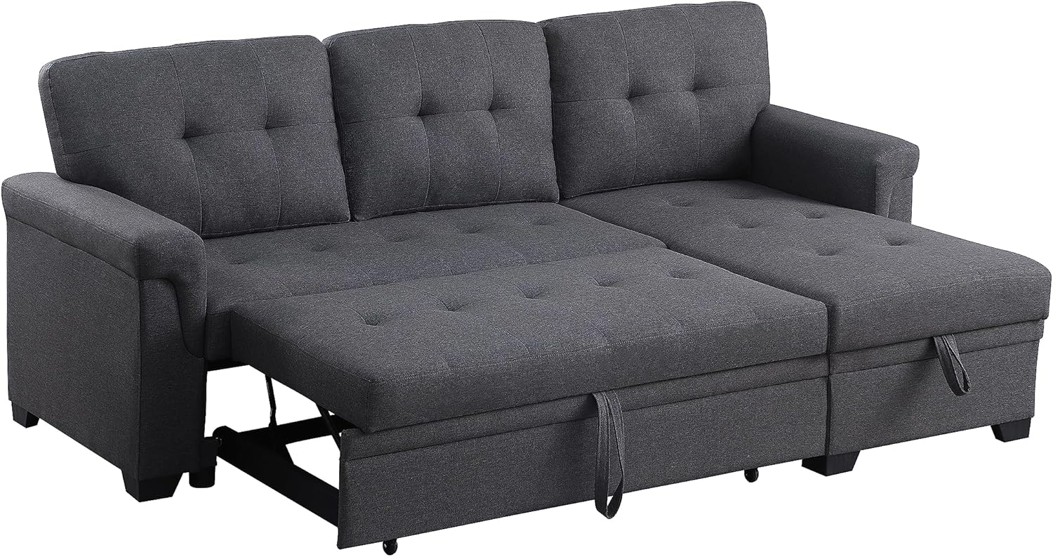 Sofá cama modular convertible en forma de L de 84 pulgadas con diván de almacenamiento y cojines copetudos, sofá esquinero reversible tapizado de