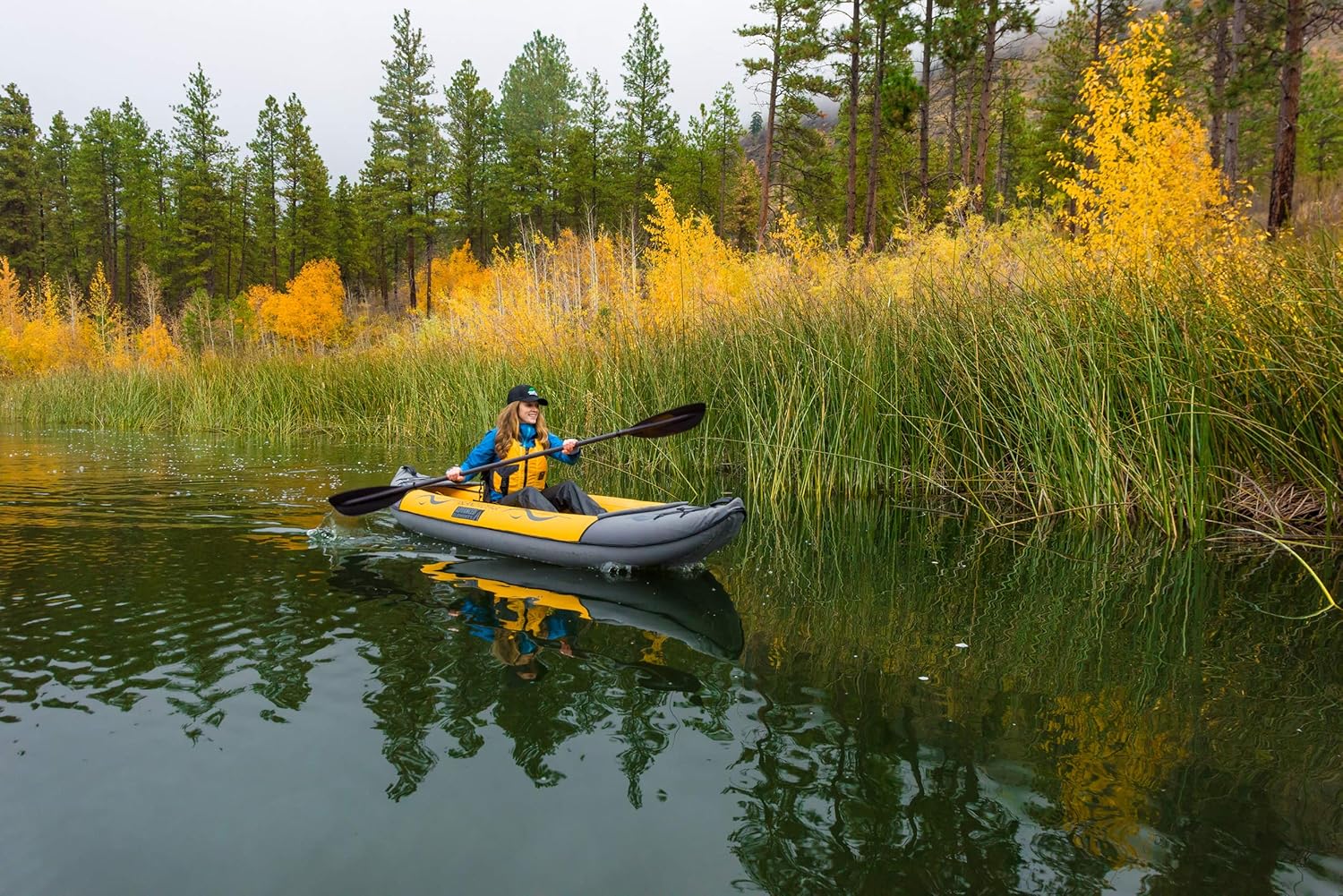 Advanced Elements Island Voyage 2 Kayak inflable, amarillo y elementos avanzados, bomba de doble acción con medidor de presión, amarillo, tamaño