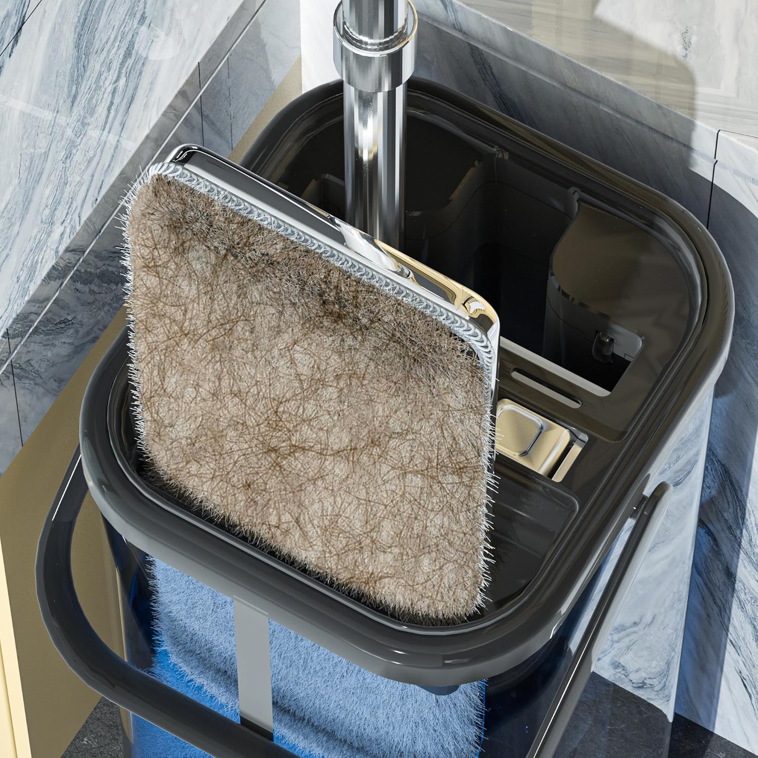 Trapeador y cubo de acero inoxidable con escurridor para el hogar, trapeador plano manos libres con 4 cabezales de mopa de microfibra lavables y
