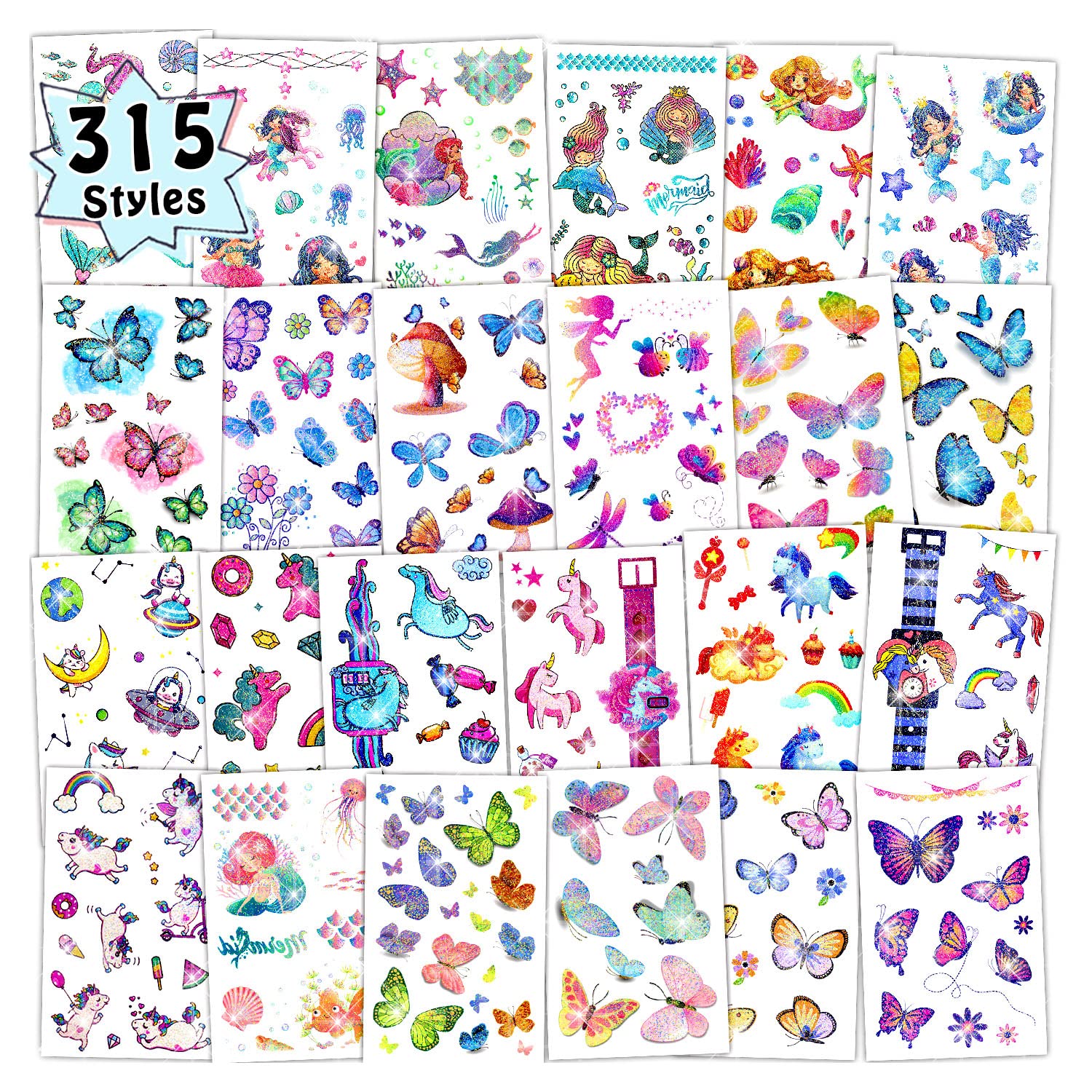 Partywind 30 hojas (315 estilos) tatuajes temporales con purpurina para niños y niñas, calcomanías de tatuaje de sirenamariposa para suministros de
