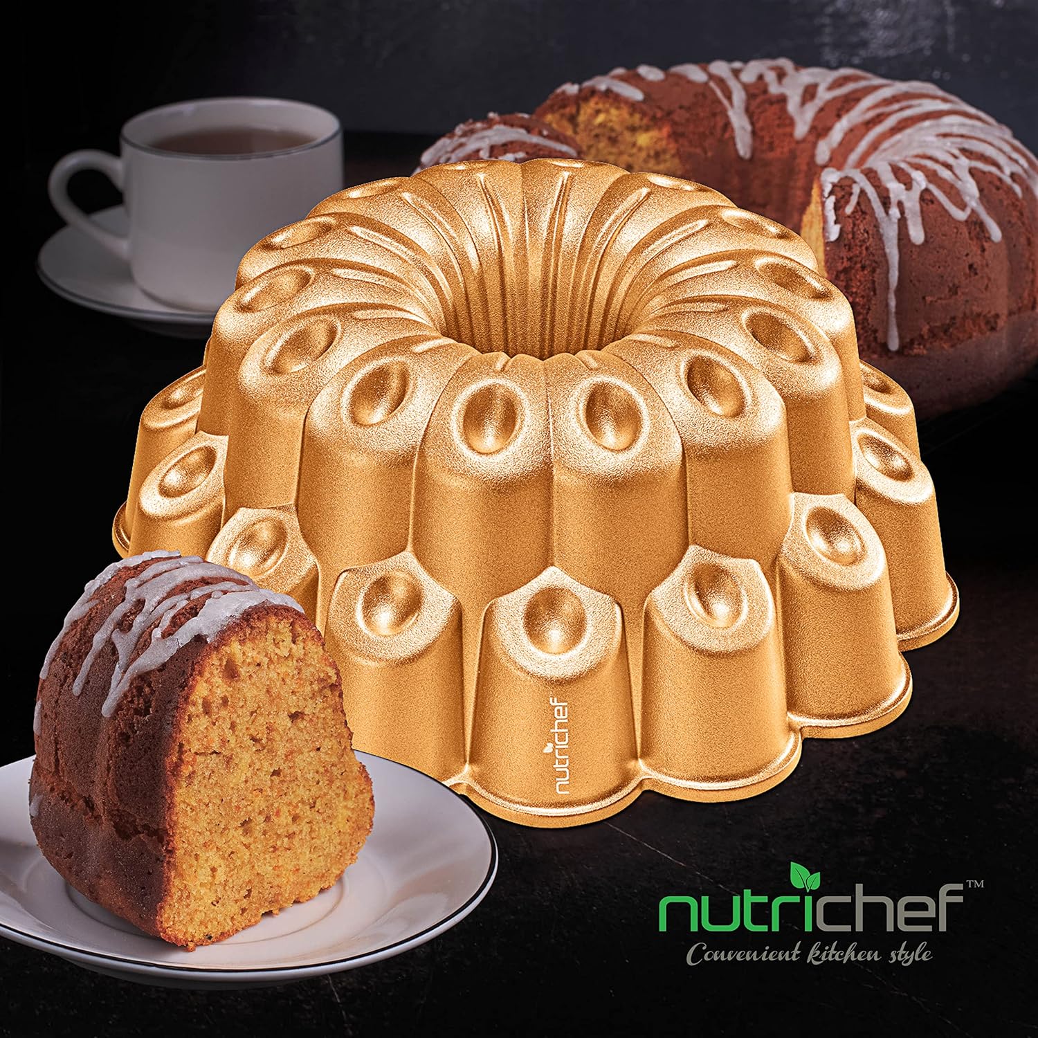 NutriChef Molde para pasteles Marquise Bundt de 9 pulgadas, utensilios para hornear de aluminio fundido grueso y pesado con bordes estriados de