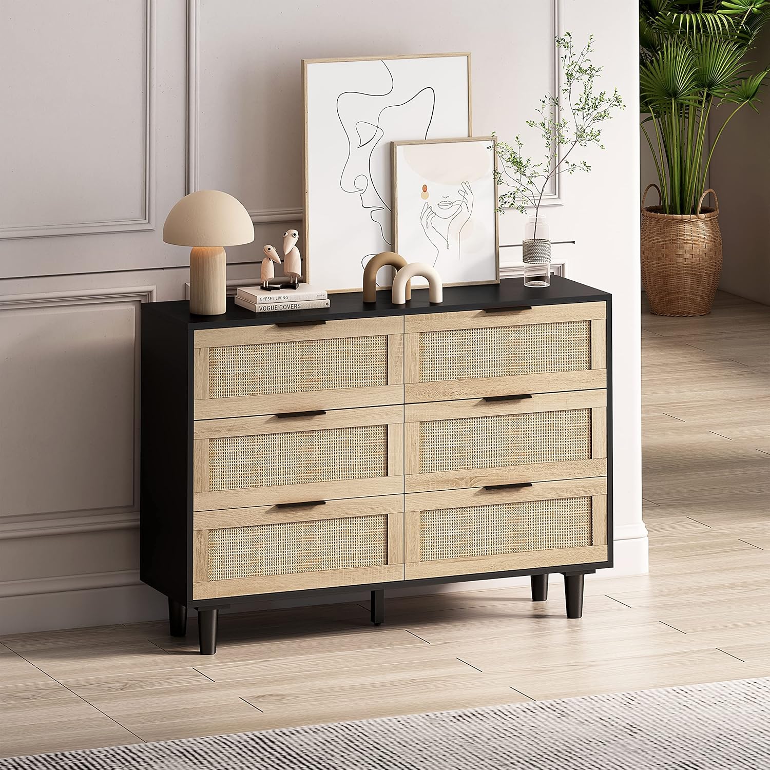 Cómoda con 6 cajones de 43.31 pulgadas, moderna cómoda de ratán con 6 cajones, armario de almacenamiento de madera para dormitorio, sala de estar,