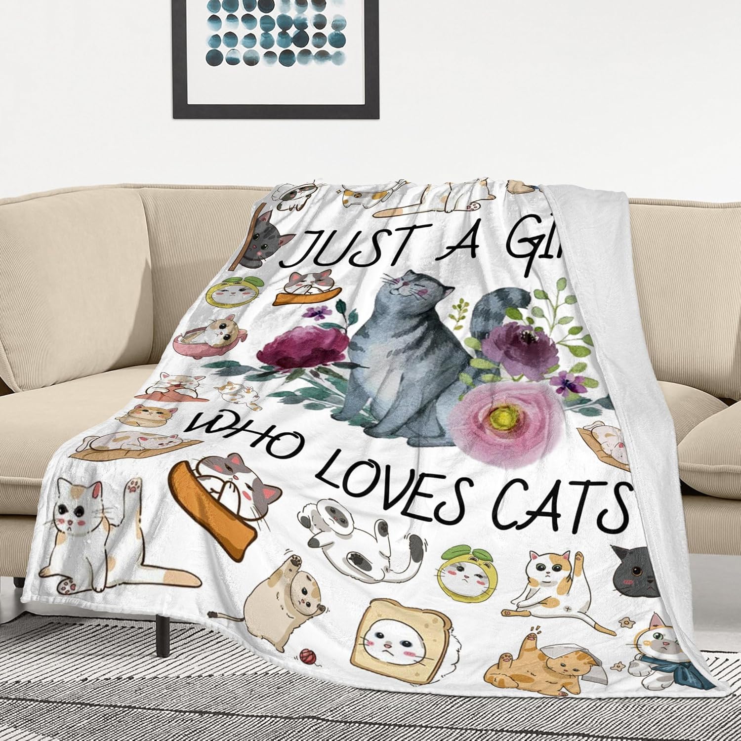 Manta de franela ultrasuave con diseño de gato con la frase “Just a Girl Who Loves Cat”, regalos para amantes de los gatos, manta ligera y acogedora