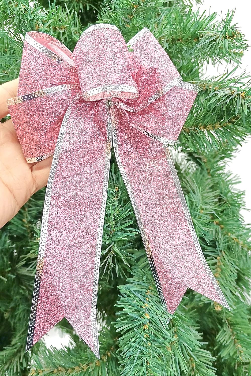 12 piezas de lujo de 8 pulgadas con purpurina rosa artificial, lazo de Navidad para árbol de Navidad, coronas, decoración de caja de regalo, adorno