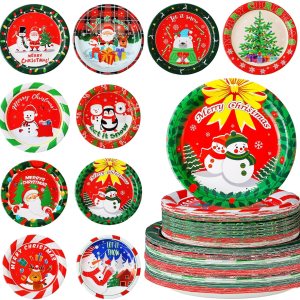 Sliner 100 platos de papel de Navidad, redondos, desechables, suministros de fiesta de Navidad con colorido diseño de árbol de Papá Noel, alce, Sliner 100 platos de papel de Navidad, redondos, desechables, suministros de fiesta de Navidad con colorido diseño de árbol de Papá Noel, alce,