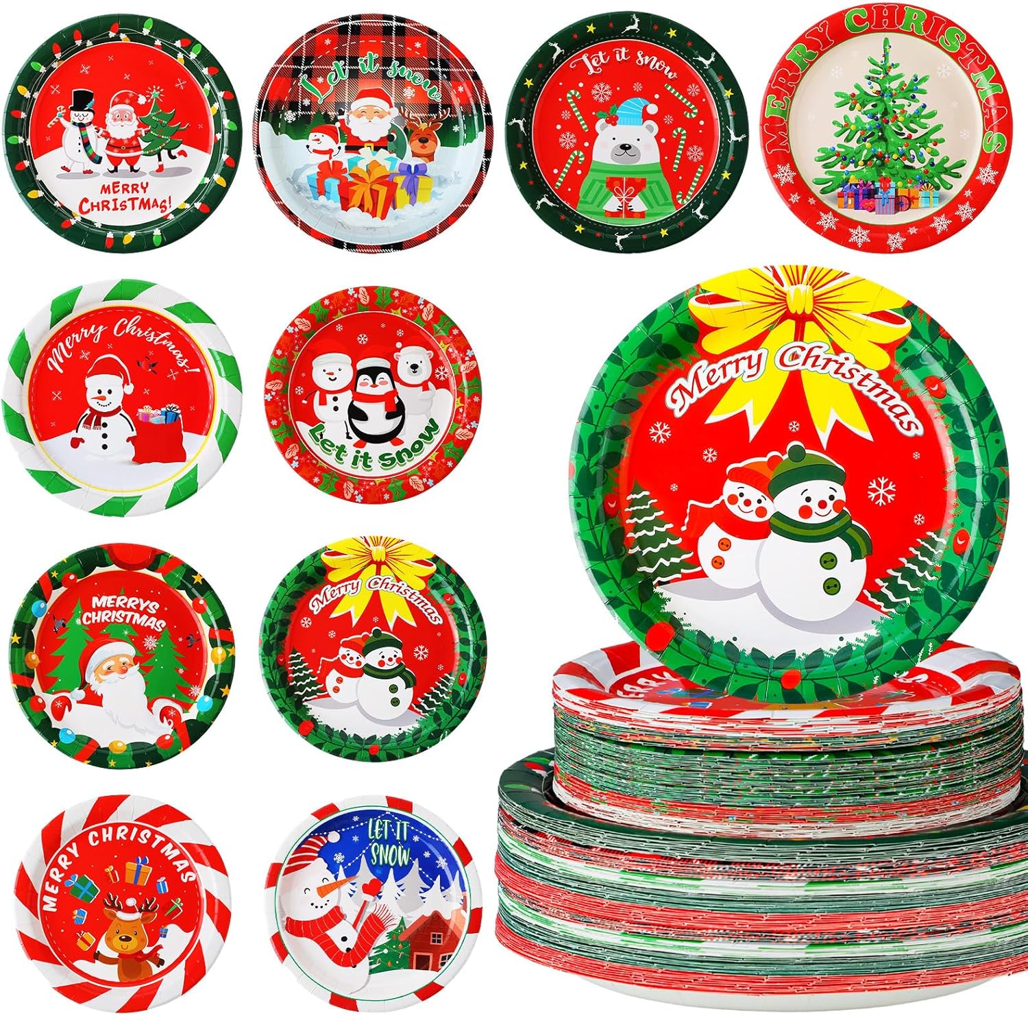 100 platos de papel de Navidad, redondos, desechables, suministros de fiesta de Navidad con colorido diseño de árbol de Papá Noel, alce, muñeco de