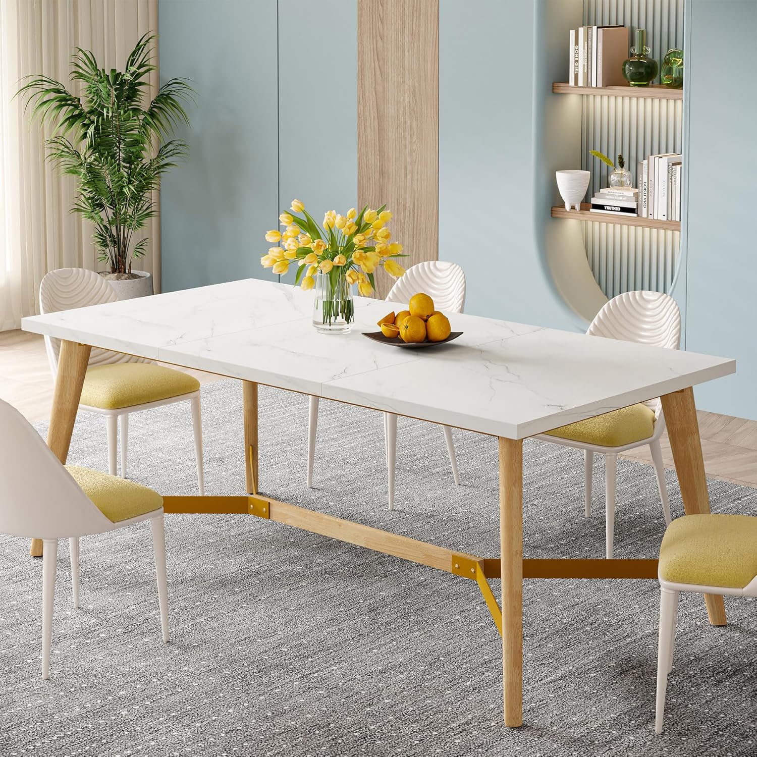 Tribesigns Mesa de comedor para 6-8 personas, mesa de cocina rectangular de 70.9 pulgadas con patas de madera maciza, mesa de comedor de madera de