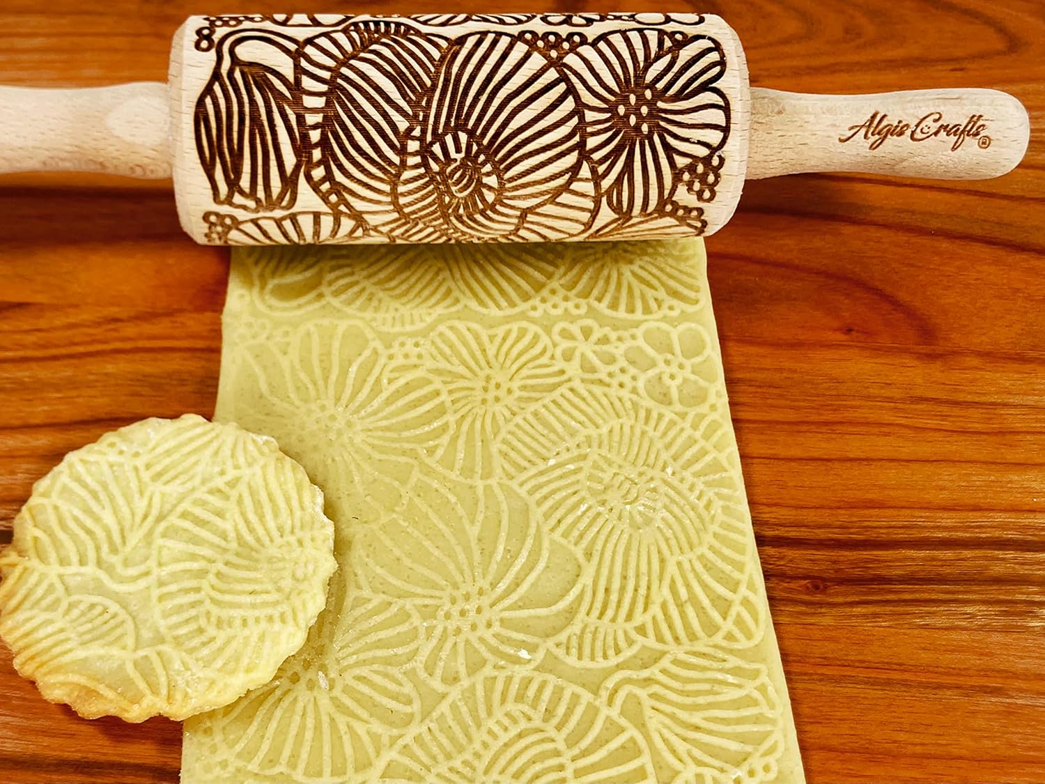 FLORAL 3 Small Textured Rolling Pinset. Wooden laser engraved embossing dough roller for embossed cookies gift for Birthday, Easter by Algis Crafts