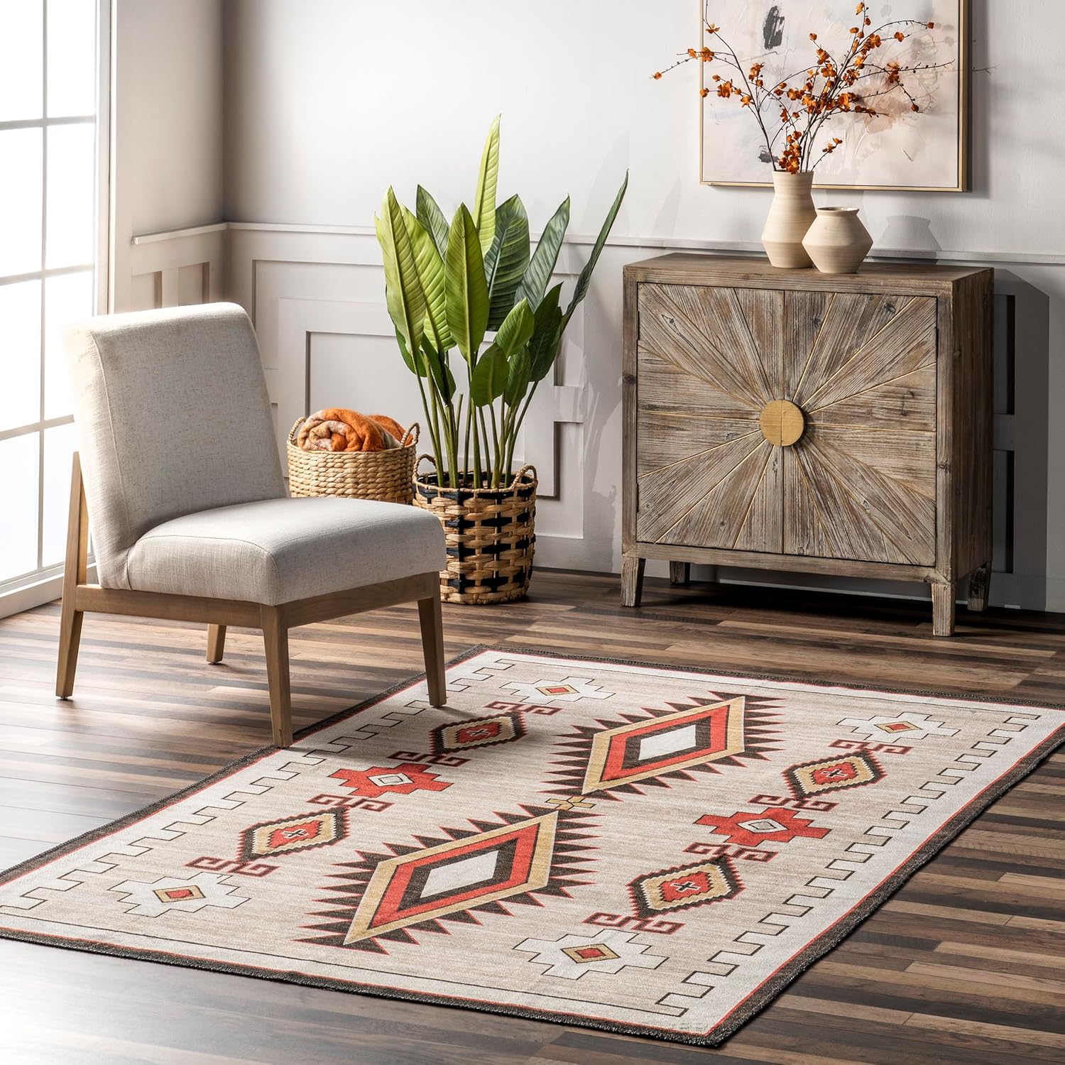 nuLOOM Elora Southwestern – Alfombra lavable a máquina, 5×8, marfil