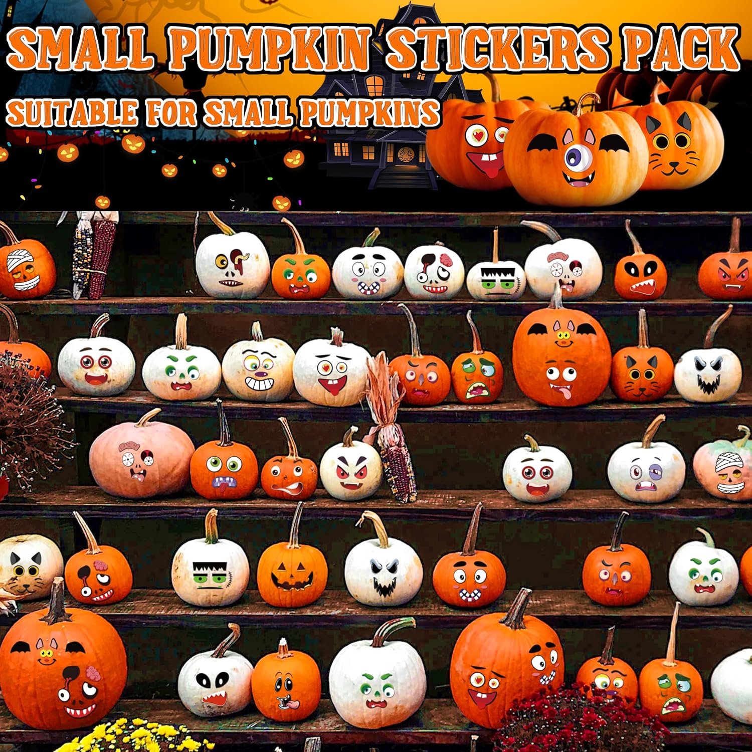 Paquete de 48 calcomanías decorativas de calabaza de Halloween, mini calcomanías de cara de calabaza para niños, calcomanías pequeñas de calabaza