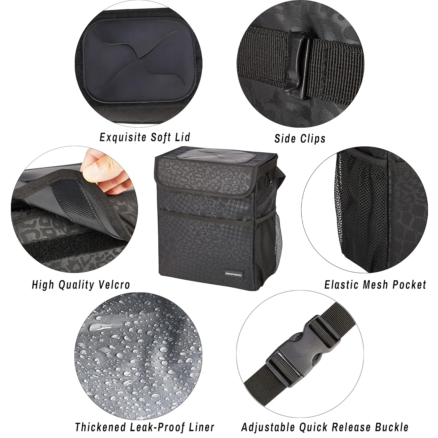 Bonito bote de basura para automóvil con tapa, a prueba de fugas, impermeable, bolsillos de almacenamiento de basura multiusos, organizador
