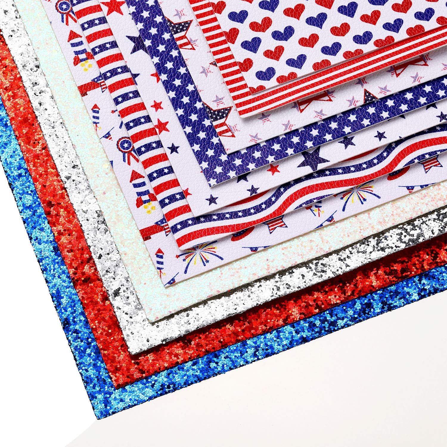11.8 pulgadas x 7.9 pulgadas de largo, 12 piezas de hojas de cuero sintético con diseño de bandera estadounidense y lentejuelas con purpurina, tela