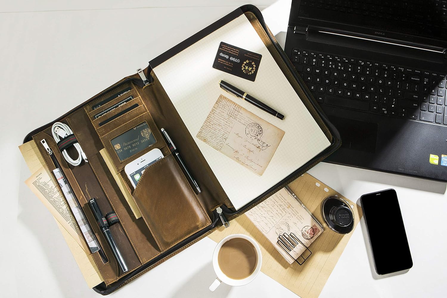 AZXCG Portafolio organizador de cuero para hombres, folio profesional con soporte para bloc de notas A4Legal, cartera con cremallera para currículum