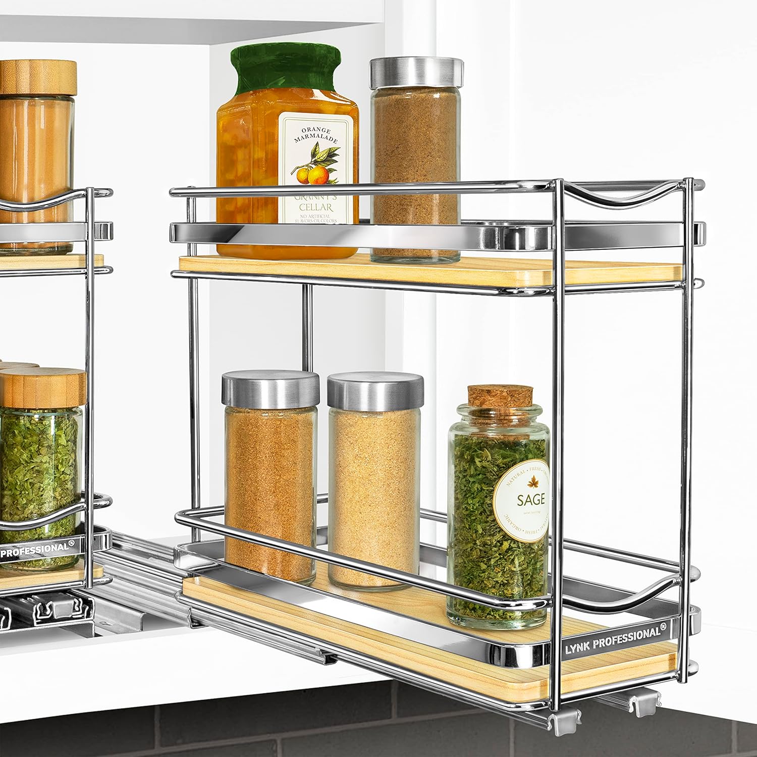LYNK PROFESSIONAL Élite – Organizador extraíble de especias para armario, 4-14 pulgadas de ancho, estante deslizante, organizador de madera y cromo,