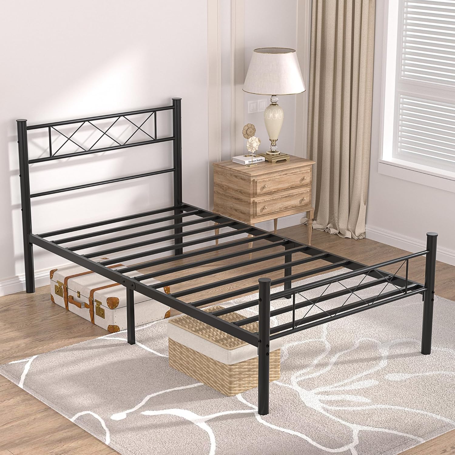 VECELO Base de cama tamaño individual con cabecero, plataforma resistente y base de colchón con soporte de listones de metal, no necesita somier,