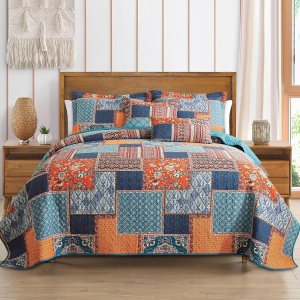 BEDISELY Juego de colcha de algodón tamaño King de granja (98 x 106 pulgadas) con patrones geométricos florales, juego de colcha reversible ligera BEDISELY Juego de colcha de algodón tamaño King de granja (98 x 106 pulgadas) con patrones geométricos florales, juego de colcha reversible ligera