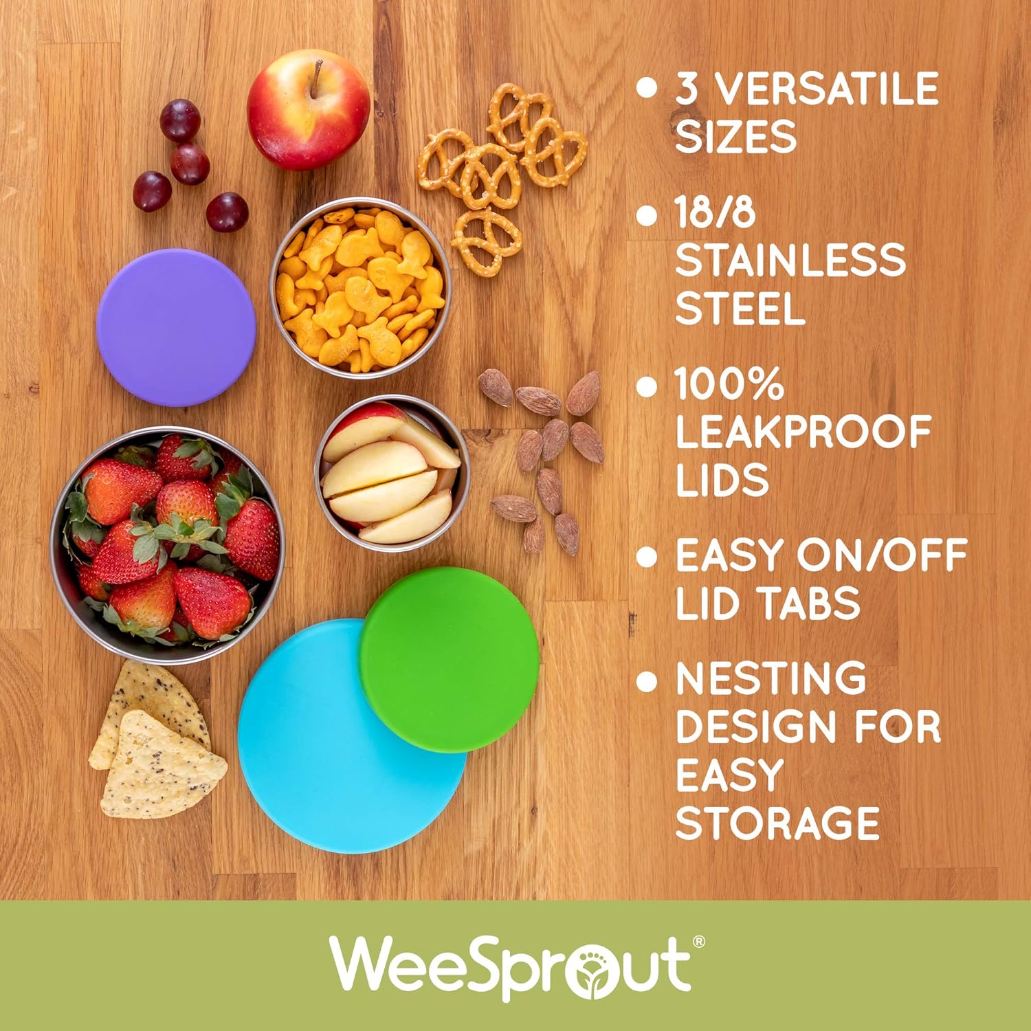 WeeSprout – Recipientes de acero inoxidable 188  Juego de 3 recipientes metálicos para alimentos (5.1, 6.8 y 13.5 onzas líquidas)  Tapas de silicona