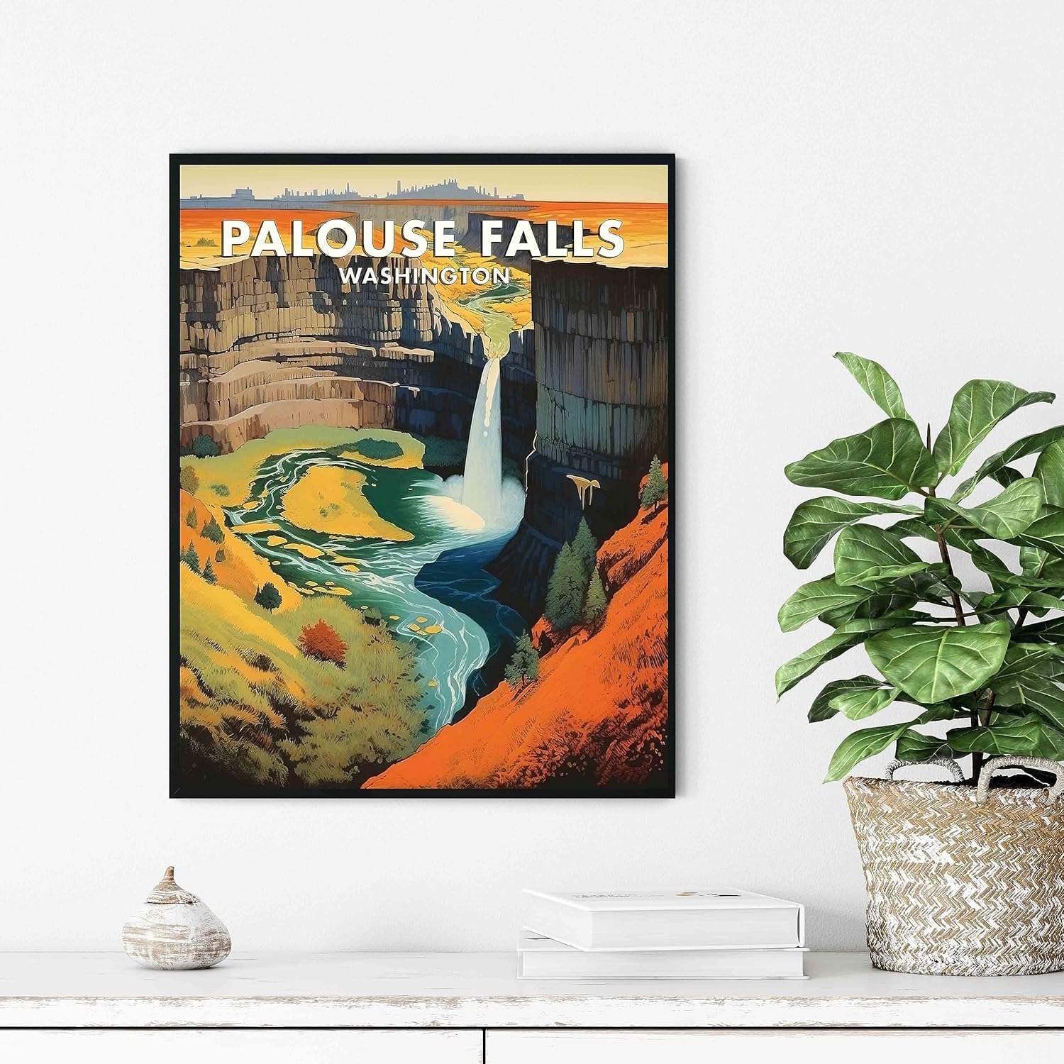 Póster artístico de Palouse Falls, Washington Waterfalls, paisaje retro de montaña y lago, decoración vintage, paisaje natural, imagen para