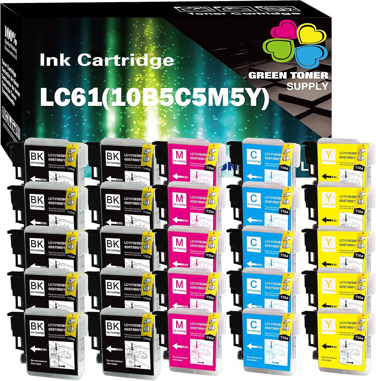 GTS Paquete de 25 cartuchos de tinta compatibles con Brother LC61 LC65 LC-61 LC61 LC61BK (10B5C5Y5M) para trabajar en impresora todo en uno DCP-165C