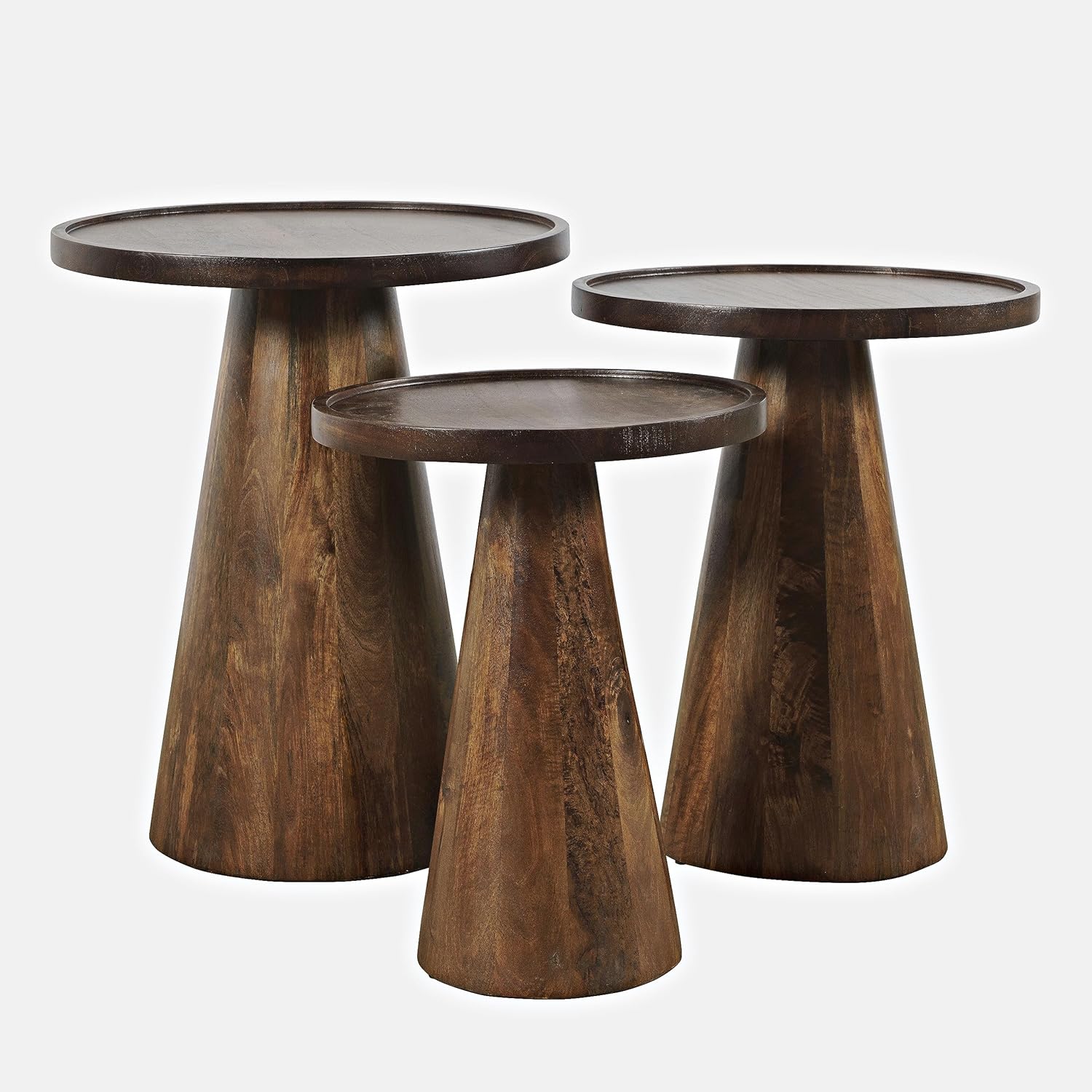 Jofran Knox Mid-Century – Juego de 3 mesas anidables redondas con pedestal de madera maciza, color castaño