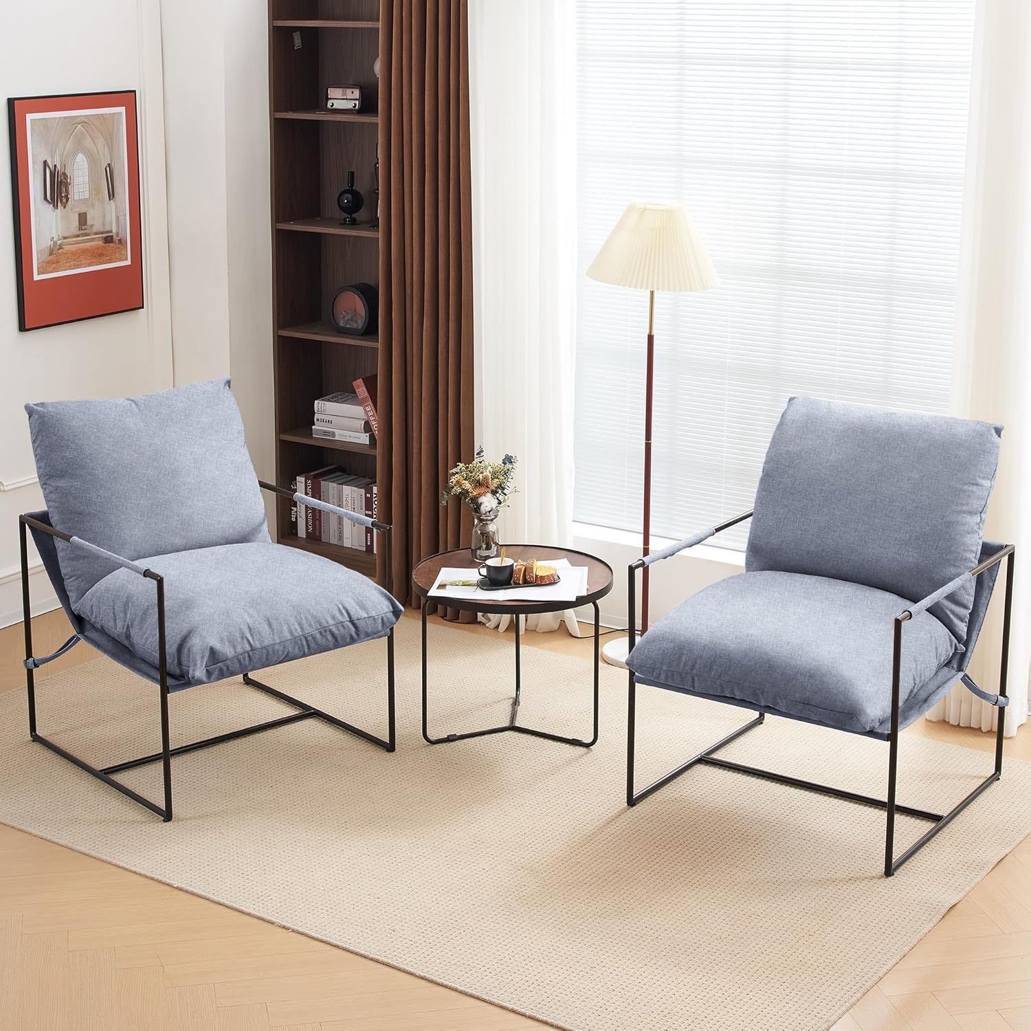 Silla decorativa moderna de mediados de siglo, sillón de acero, silla de tela para sala de estar, dormitorio, oficina en casa en tapicería de