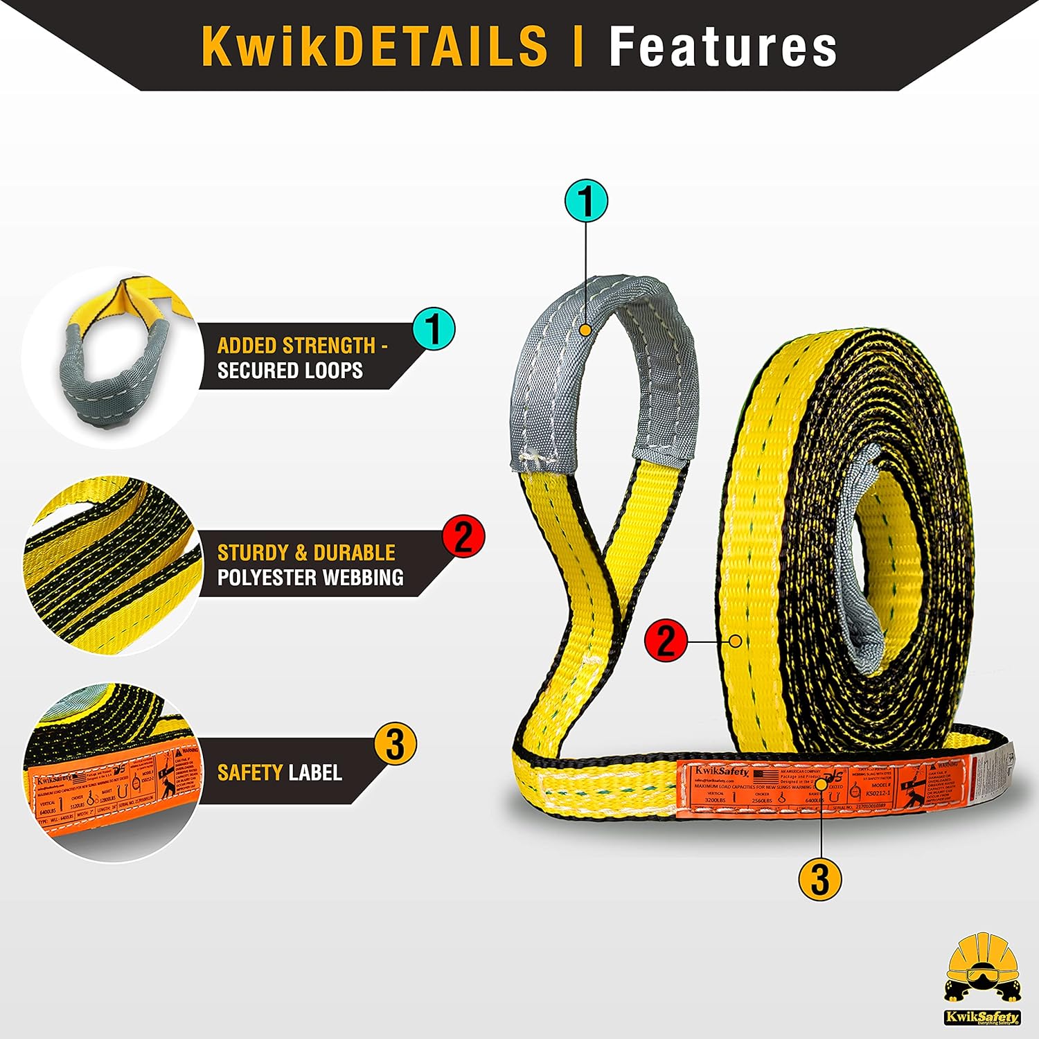 KwikSafety Eslingas tejidas  Tamaños de 1 y 2 pulgadas  Correa de doble ojal  Para descargar, levantar, izar, trasladar