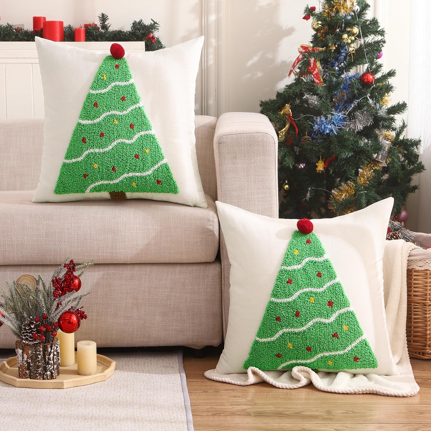 Juego de 2 fundas de almohada de Navidad de 18 x 18 pulgadas, color verde, decoración de fiesta de Navidad, fundas de cojín suaves para sofá, cama,