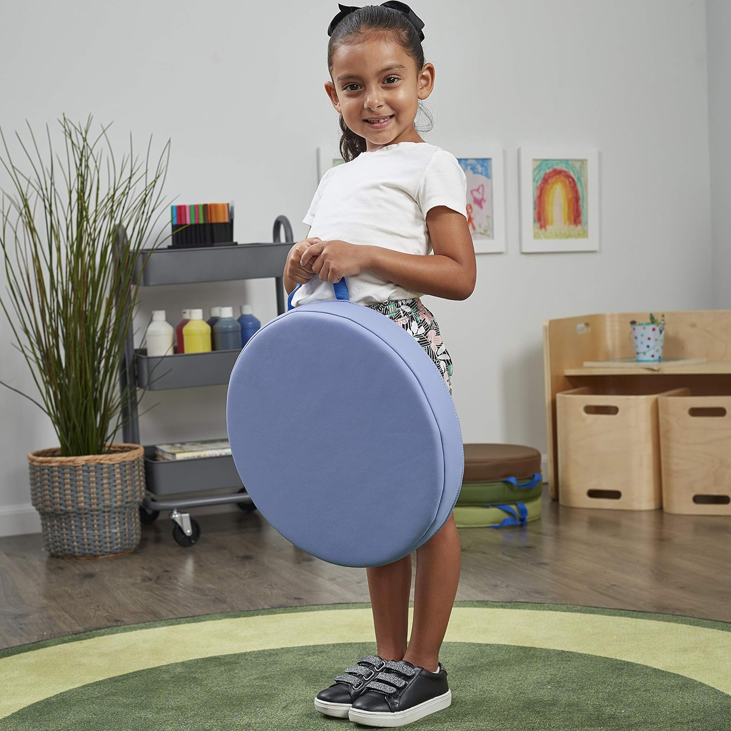 SoftScape – Cojines de piso redondos de 15 pulgadas con asas asientos flexibles para la educación a distancia en el hogar, guardería, preescolar,