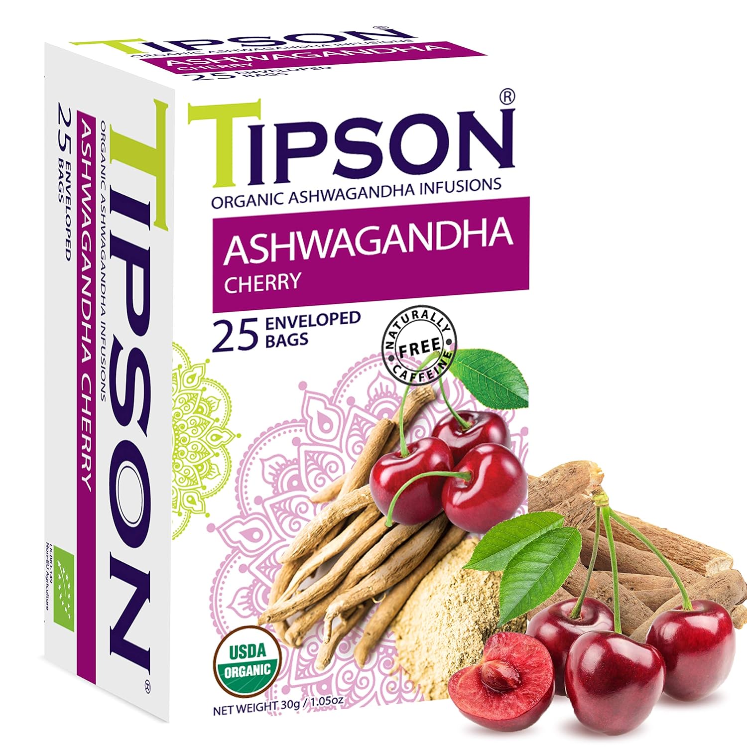 Tipson Infusiones de té Ashwagandha orgánico – Cereza – 25 bolsas de té premium – Sin cafeína – Sin OMG – Sin gluten