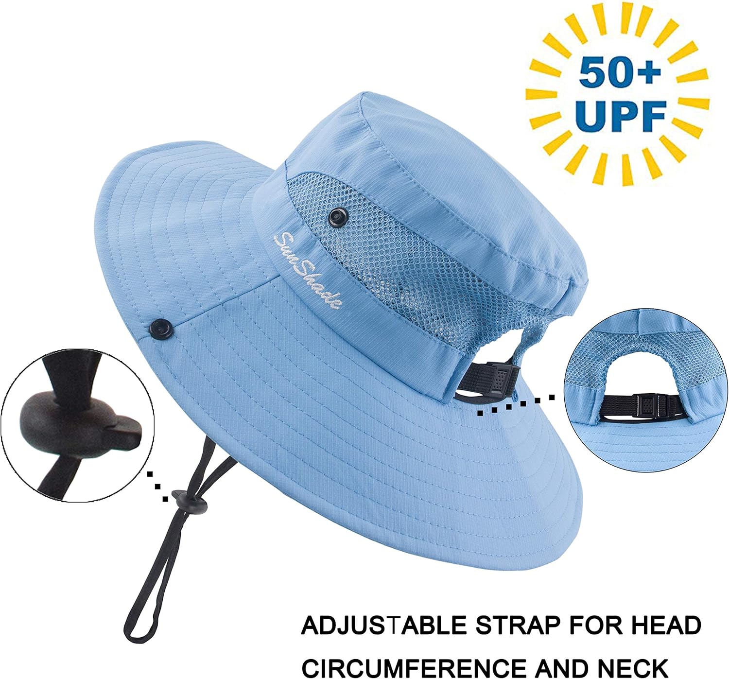 Sombrero de sol para niños y niñas, protección UV, gorra de playa de ala ancha con agujero para cola de caballo