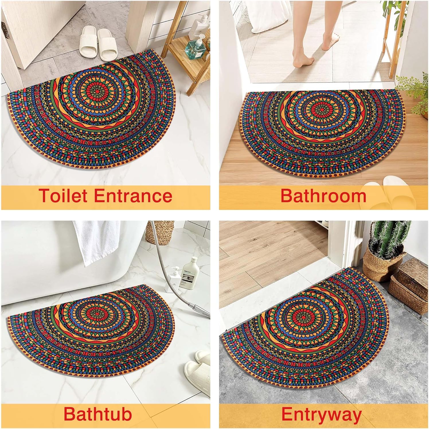 Alfombra de baño de medio círculo con mandala bohemia, tapete de baño de imitación de cachemira para baño, antideslizante, de 20 x 30 pulgadas,