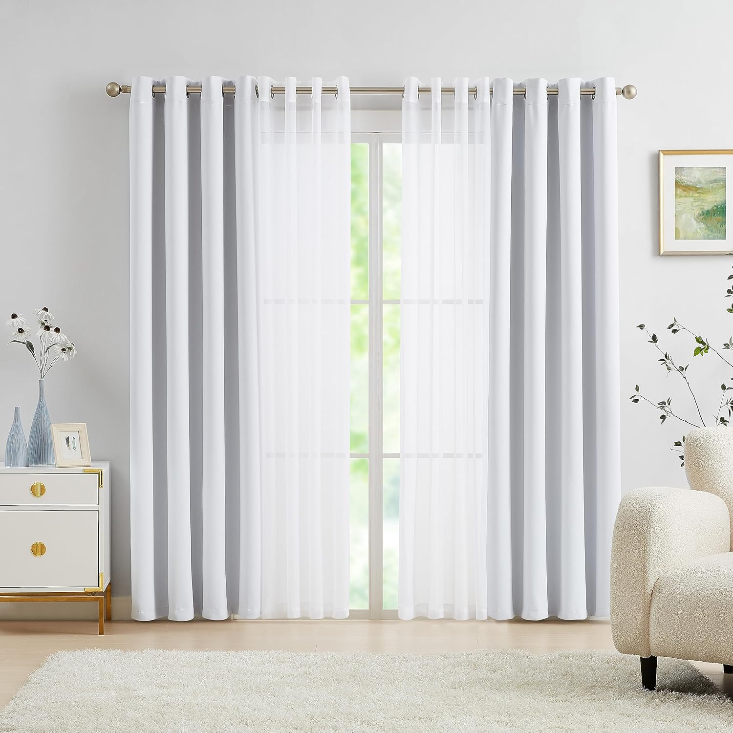 Mix and Match – Cortinas opacas blancas para dormitorio, sala de estar, cortinas traslúcidas blancas grisáceas de 95 pulgadas de largo, cortinas